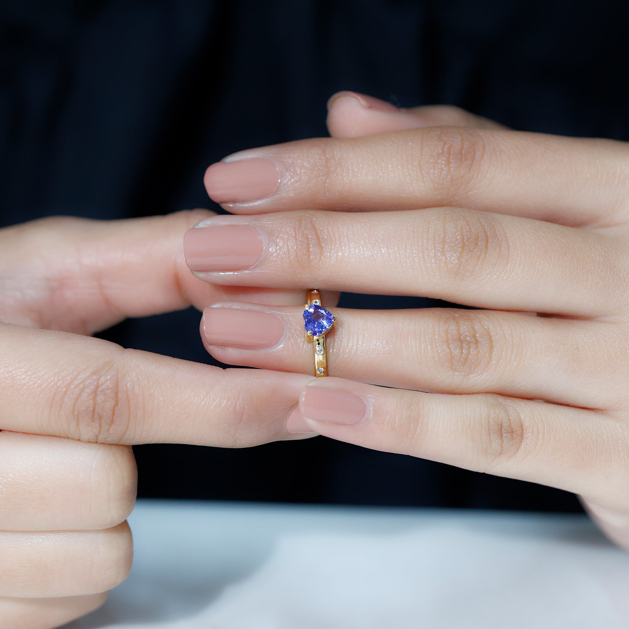 Heart Shape Tanzanite Solitaire Ring with Diamond Sleek Accent Tanzanite - ( AAA ) - Quality - Rosec Jewels