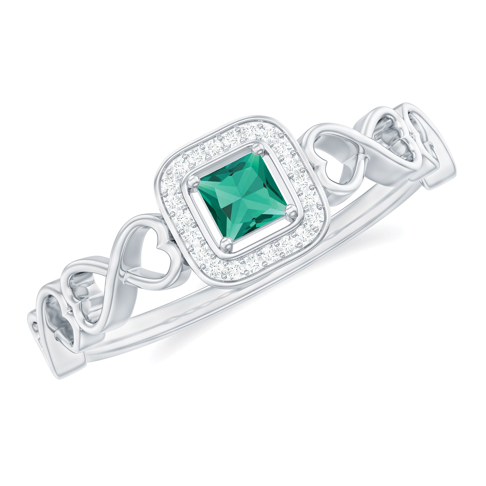 Princess Cut Lab Grown Emerald Infinity Heart Promise Ring with Diamond Halo Lab Created Emerald - ( AAAA ) - Quality - Rosec Jewels