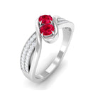 Created Ruby 2 Stone Bypass Engagement Ring with Diamond Lab Created Ruby - ( AAAA ) - Quality - Rosec Jewels