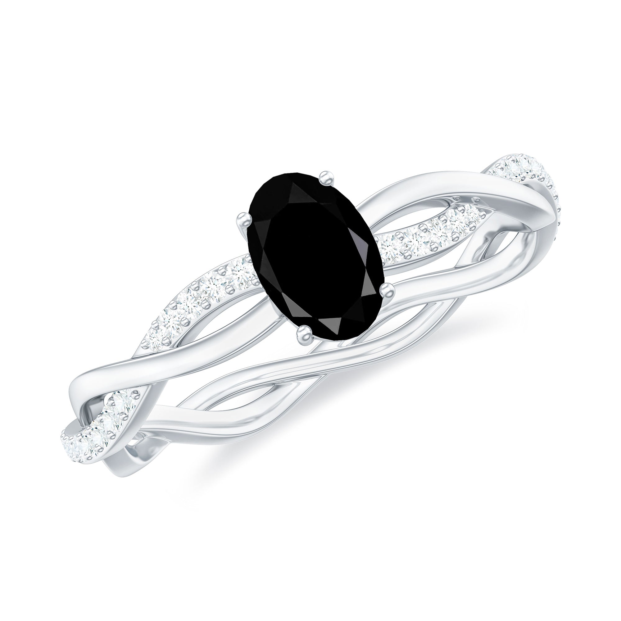 Oval Cut Black Diamond Solitaire Braided Gold Ring with White Diamond Black Diamond - ( AAA ) - Quality - Rosec Jewels