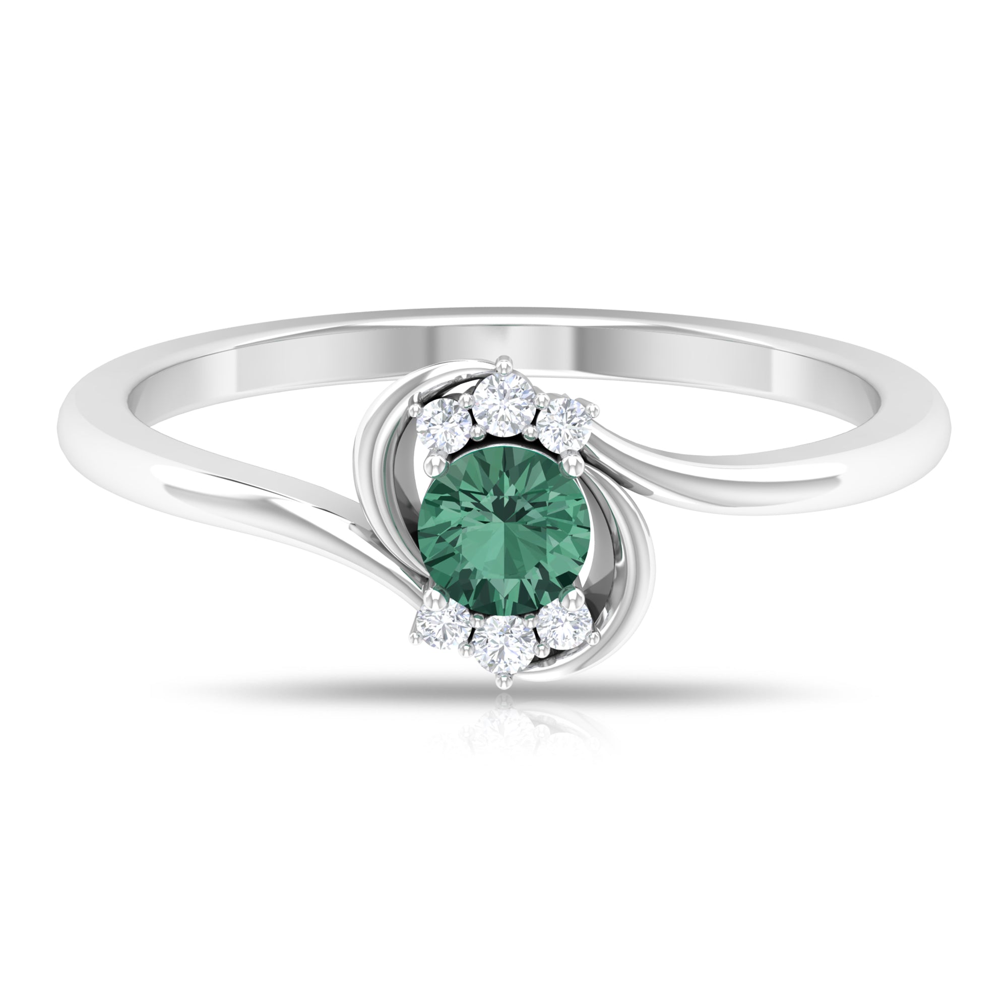 Round Green Sapphire Bypass Promise Ring with Diamond Green Sapphire - ( AAA ) - Quality - Rosec Jewels