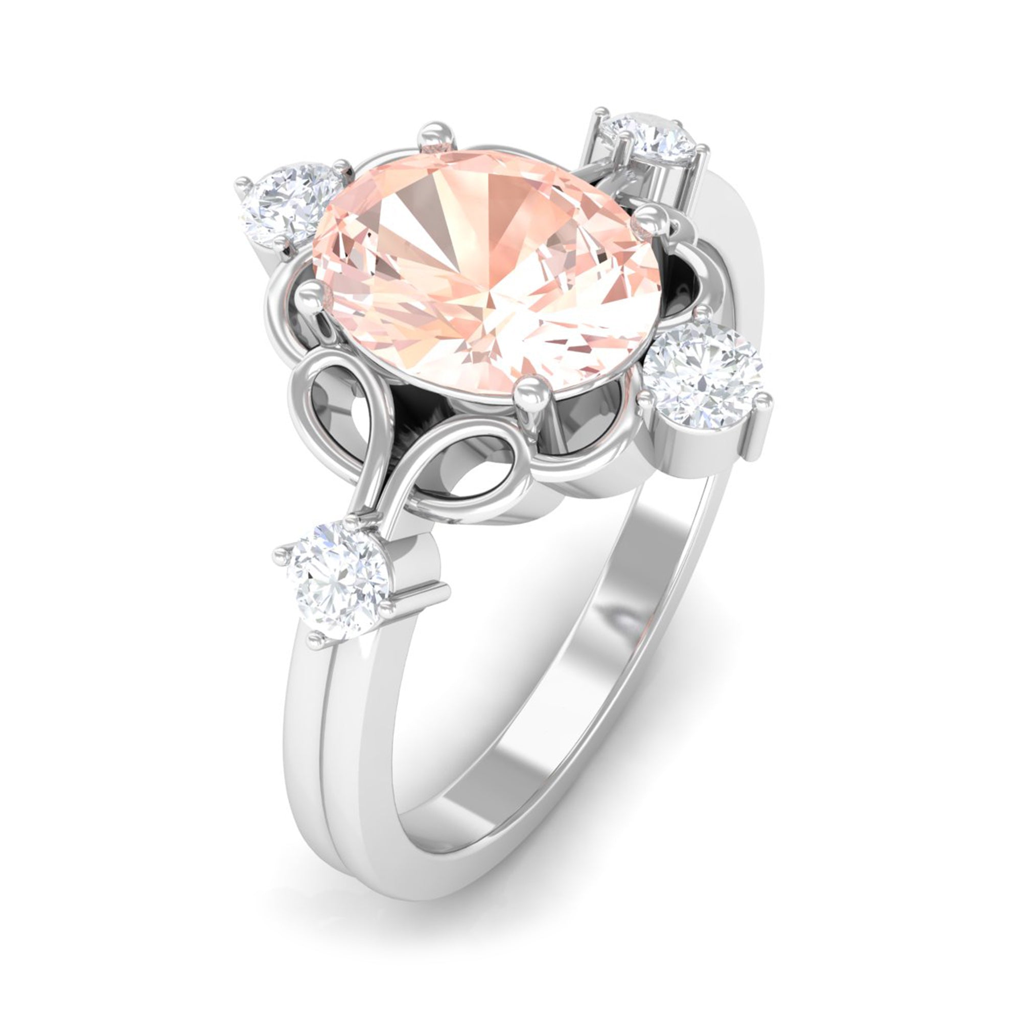 Oval Morganite Cocktail Ring with Diamond Morganite - ( AAA ) - Quality - Rosec Jewels