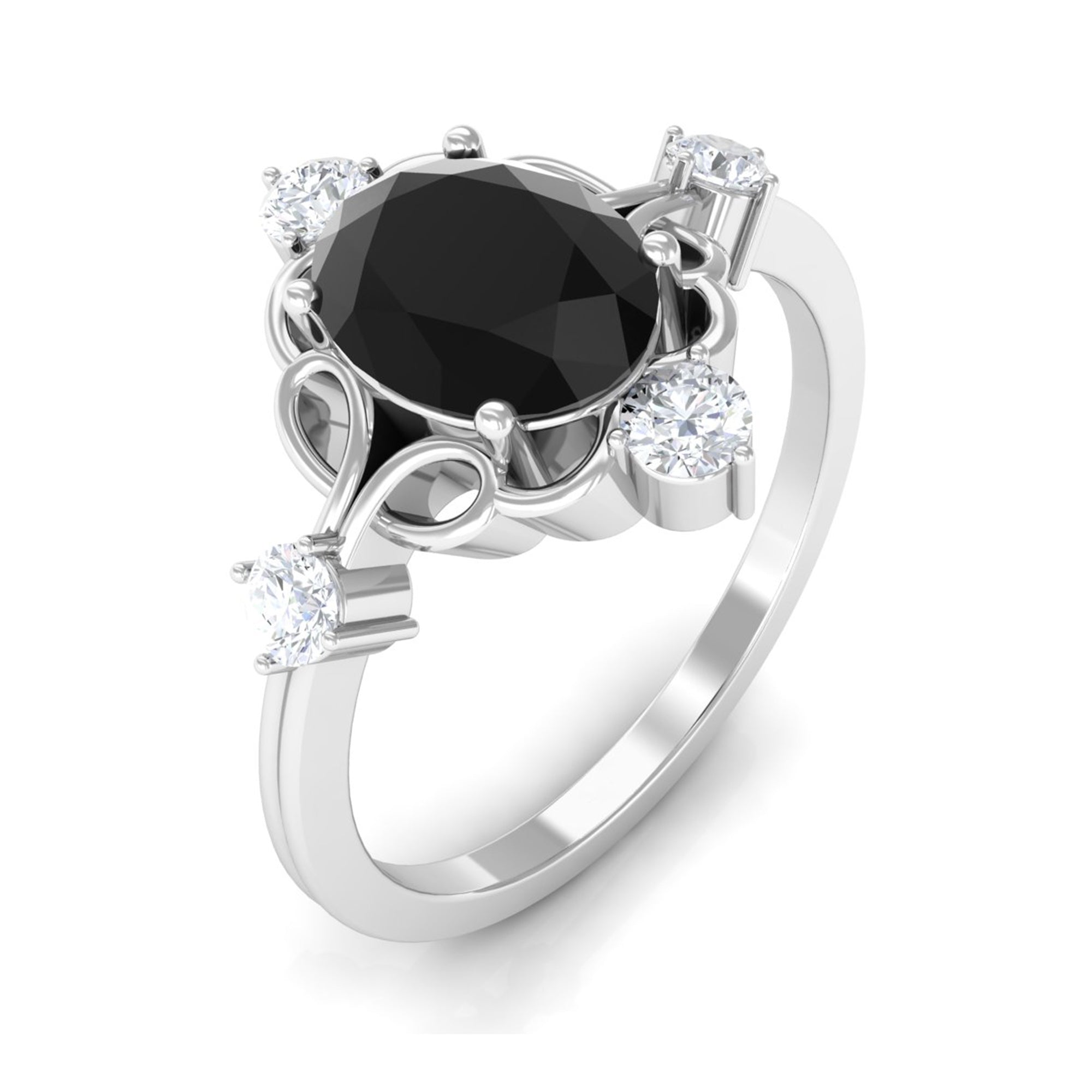 Oval Black Spinel Cocktail Ring with Diamond Black Spinel - ( AAA ) - Quality - Rosec Jewels