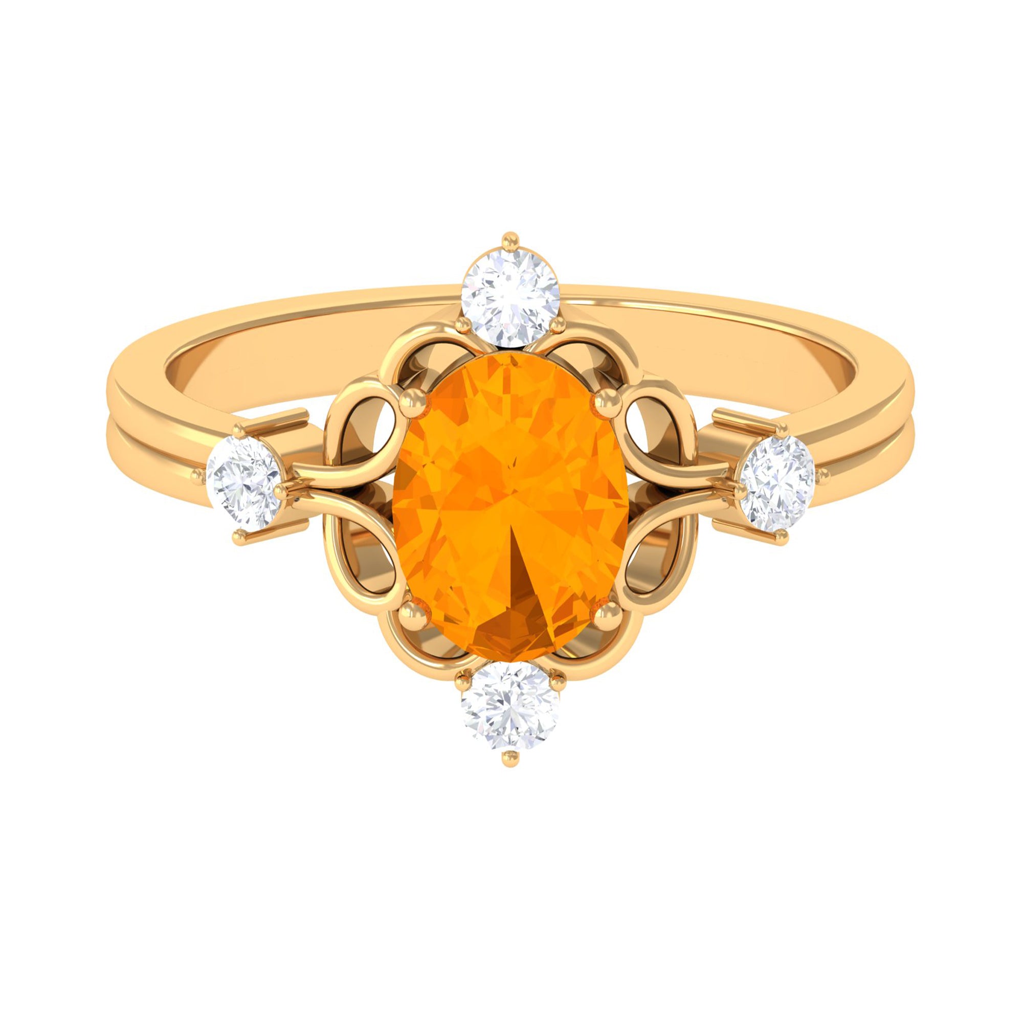 Oval Fire Opal Cocktail Ring with Diamond Fire Opal - ( AAA ) - Quality - Rosec Jewels