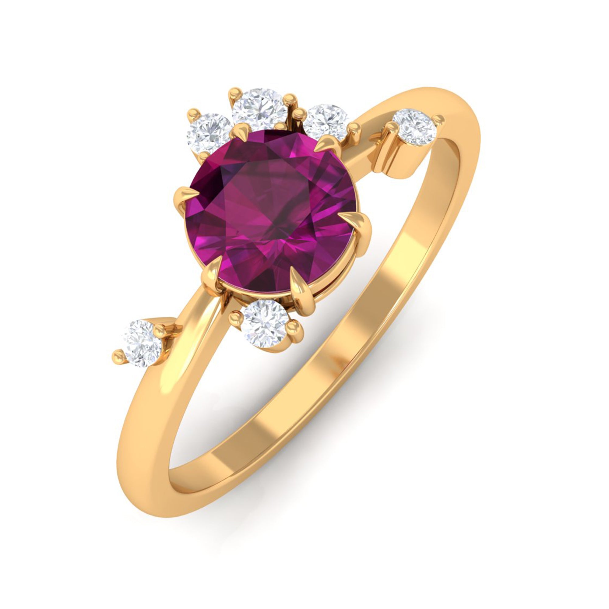 Claw Set Round Shape Rhodolite Solitaire Promise Ring with Scatter Diamond Rhodolite - ( AAA ) - Quality - Rosec Jewels