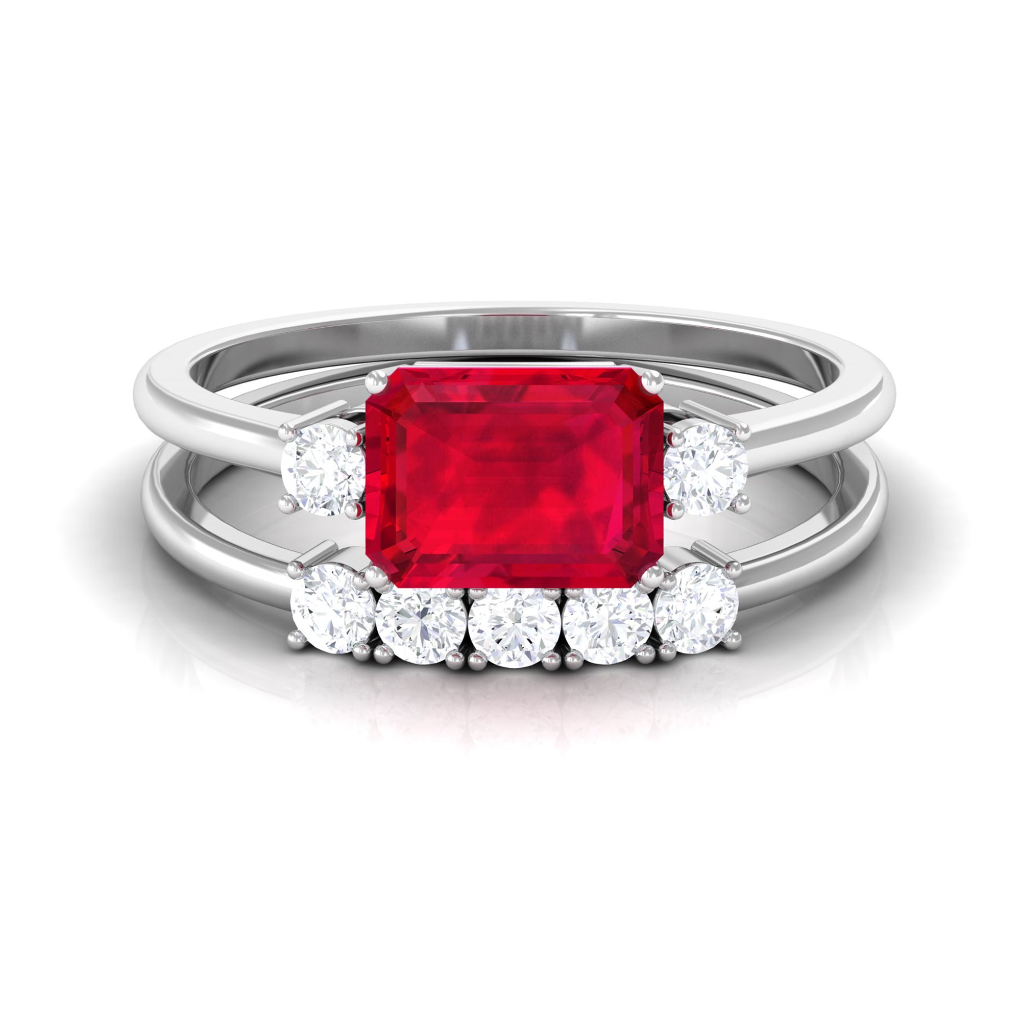 Emerald Cut Created Ruby Contemporary Wedding Ring Set with Diamond Lab Created Ruby - ( AAAA ) - Quality - Rosec Jewels