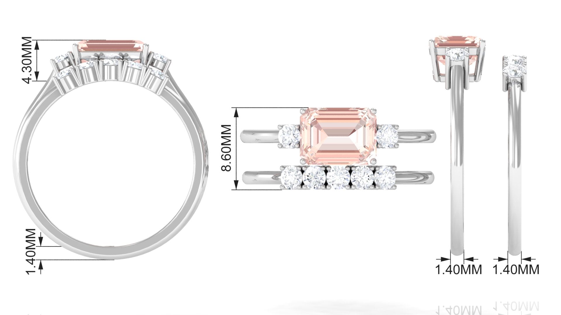 Emerald Cut Morganite Contemporary Wedding Ring Set with Diamond Morganite - ( AAA ) - Quality - Rosec Jewels