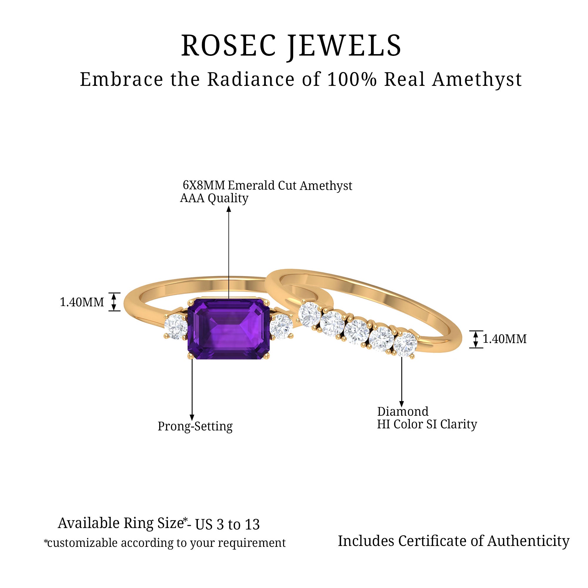 Octagon Cut Amethyst Contemporary Wedding Ring Set with Diamond Amethyst - ( AAA ) - Quality - Rosec Jewels