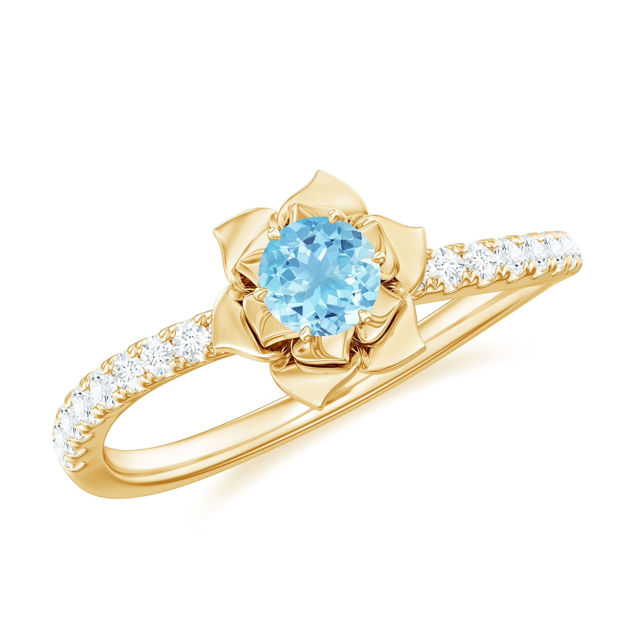 Floral Inspired Aquamarine Rose Engagement Ring with Diamond Aquamarine - ( AAA ) - Quality - Rosec Jewels