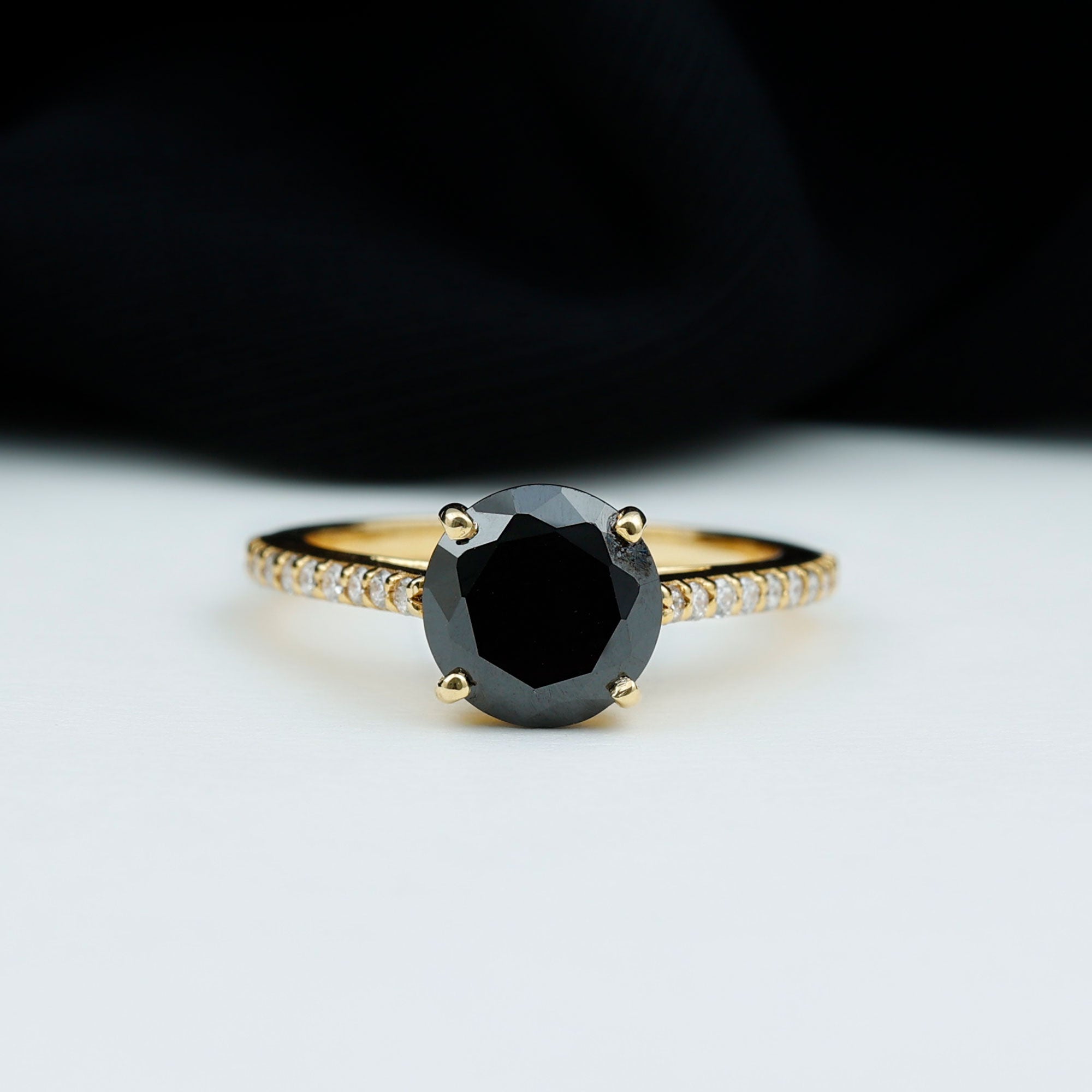 Real Black Onyx Solitaire Engagement Ring with Diamond Black Onyx - ( AAA ) - Quality - Rosec Jewels