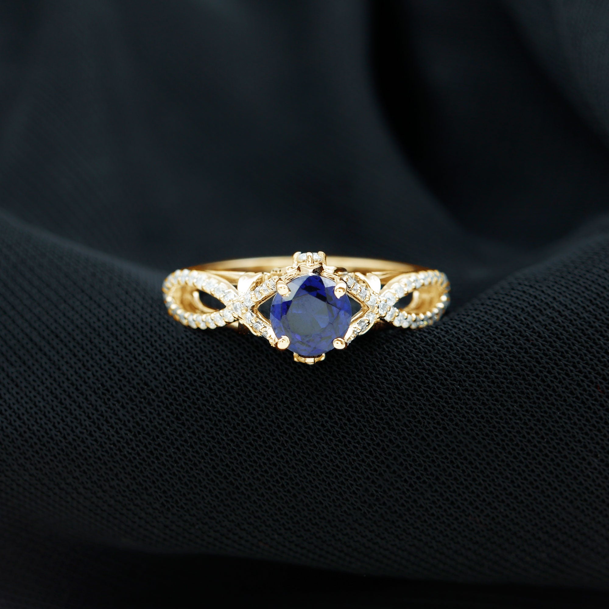 Lab Grown Blue Sapphire Crossover Engagement Ring with Diamond Lab Created Blue Sapphire - ( AAAA ) - Quality - Rosec Jewels