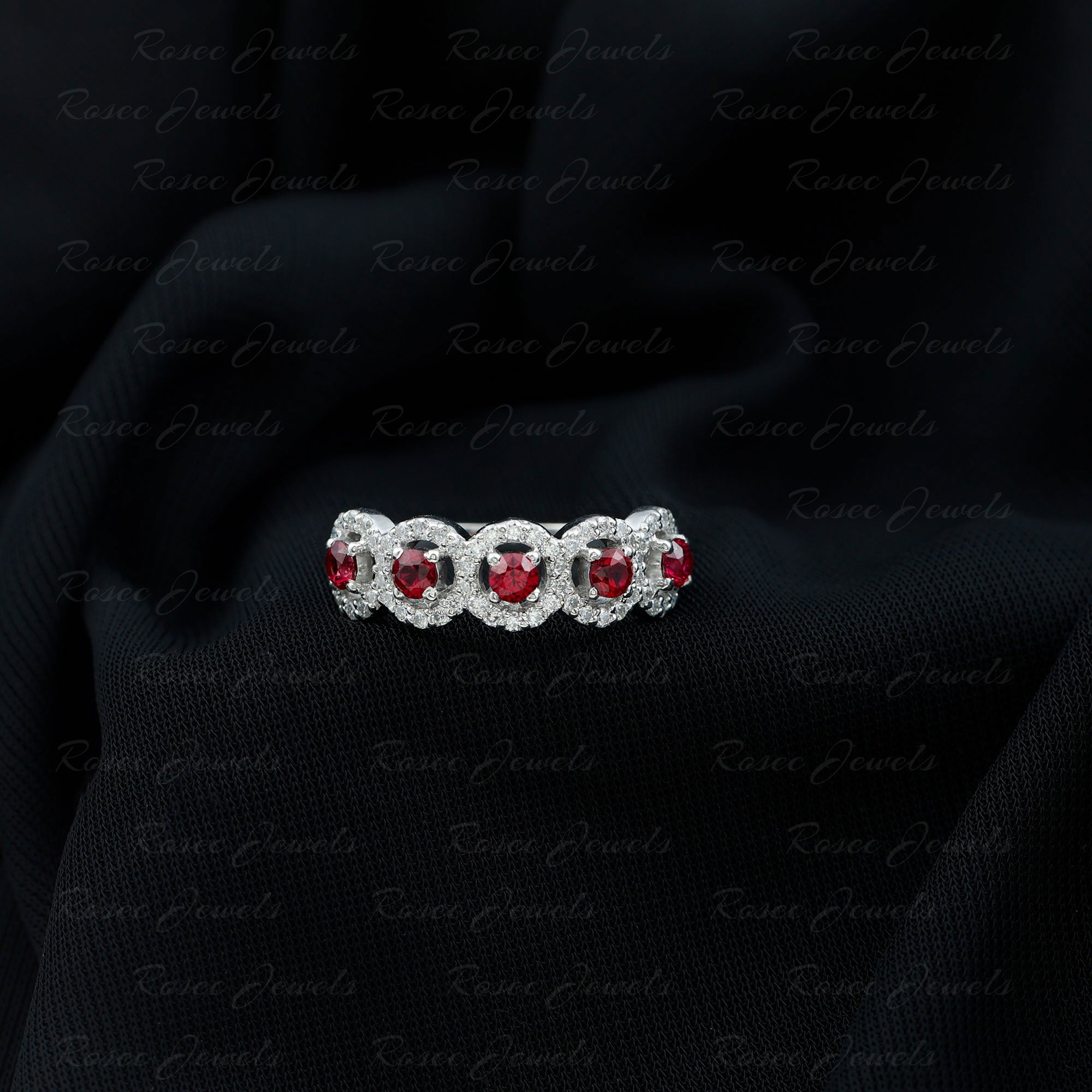 Classic Lab Grown Ruby and Diamond Halo Half Eternity Ring Lab Created Ruby - ( AAAA ) - Quality - Rosec Jewels