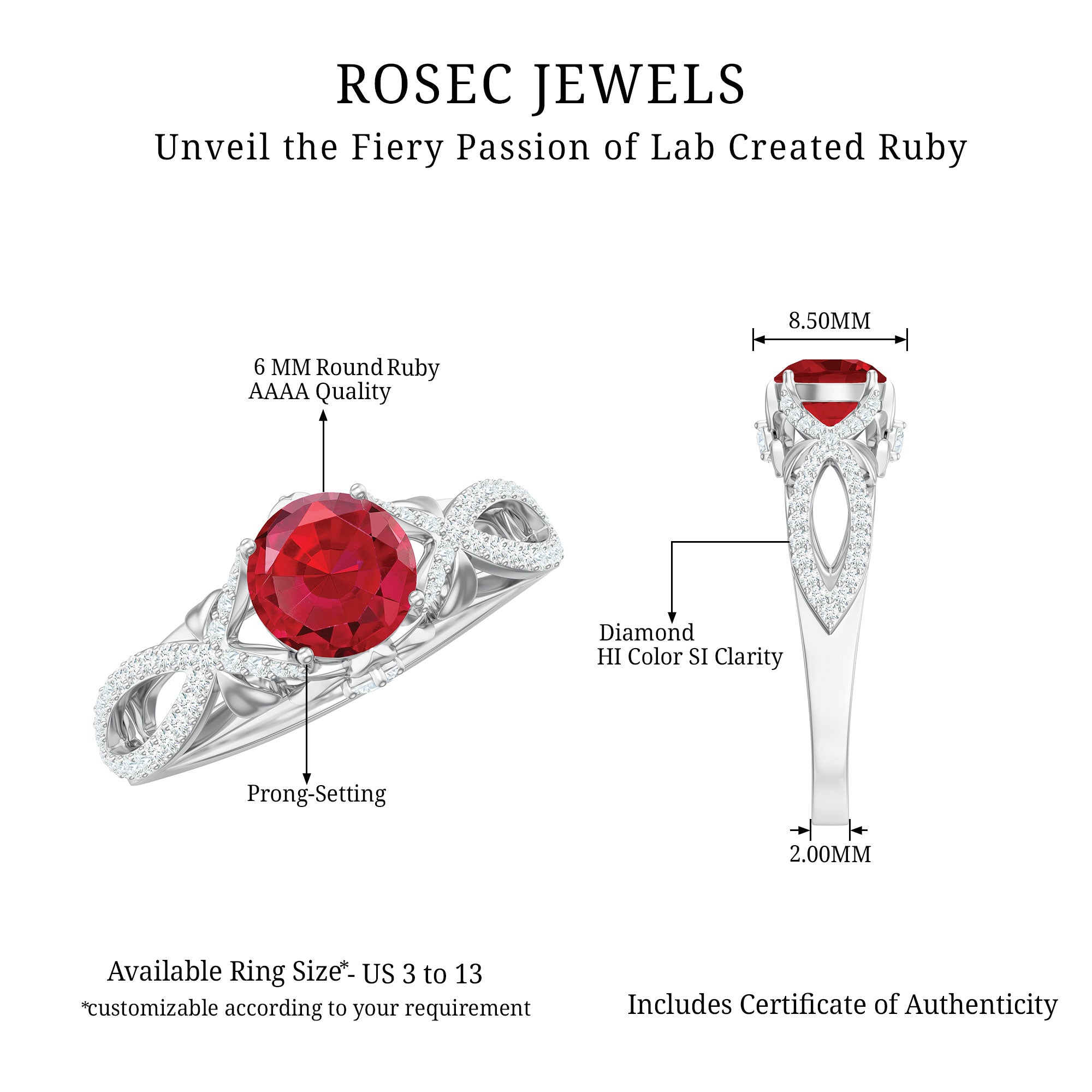 Classic Created Ruby and Diamond Crossover Engagement Ring with Diamond Lab Created Ruby - ( AAAA ) - Quality - Rosec Jewels