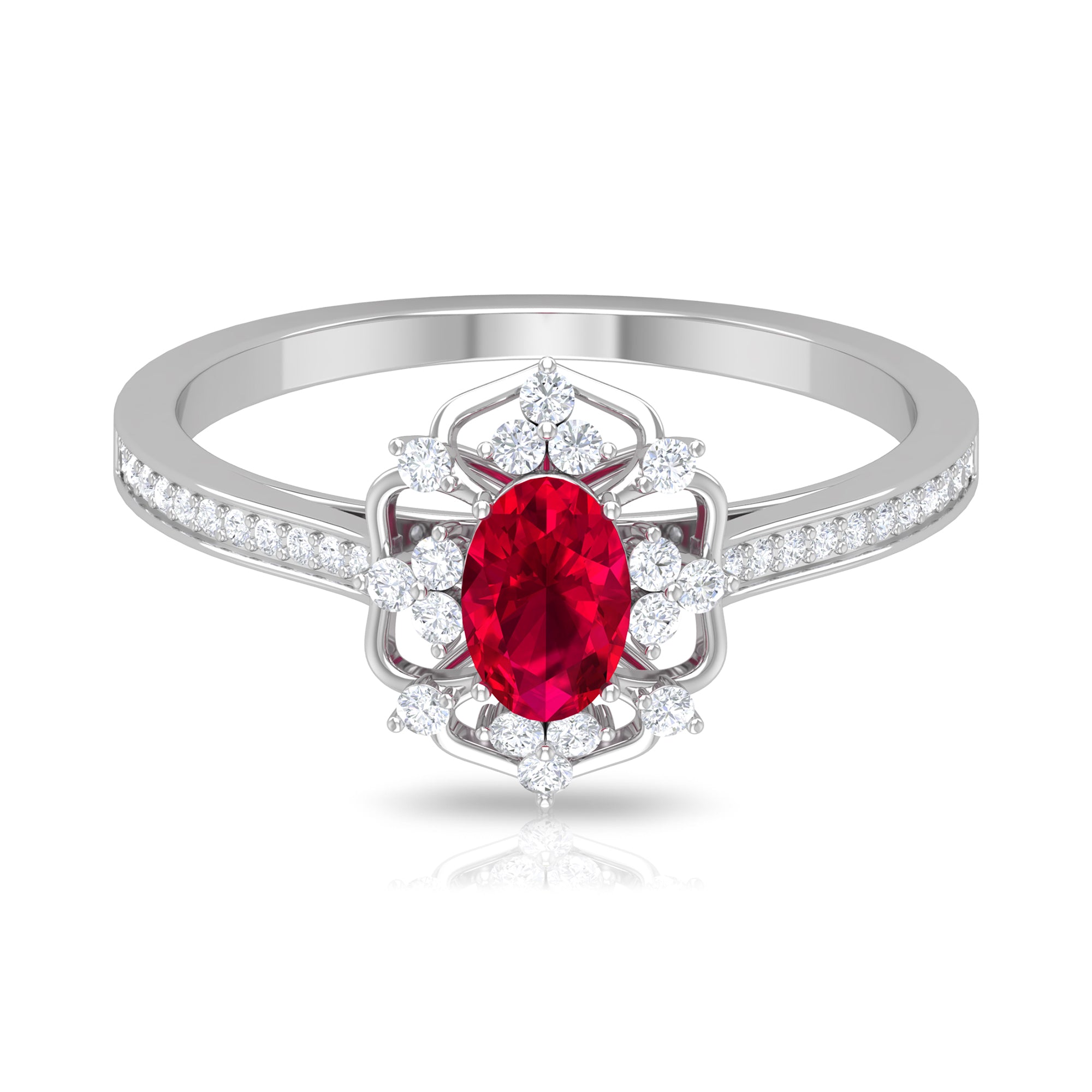 Vintage Style Created Ruby and Diamond Flower Engagement Ring Lab Created Ruby - ( AAAA ) - Quality - Rosec Jewels