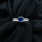 Created Blue Sapphire Solitaire Wedding Ring Set with Diamond Lab Created Blue Sapphire - ( AAAA ) - Quality - Rosec Jewels