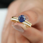 Created Blue Sapphire Solitaire Wedding Ring Set with Diamond Lab Created Blue Sapphire - ( AAAA ) - Quality - Rosec Jewels