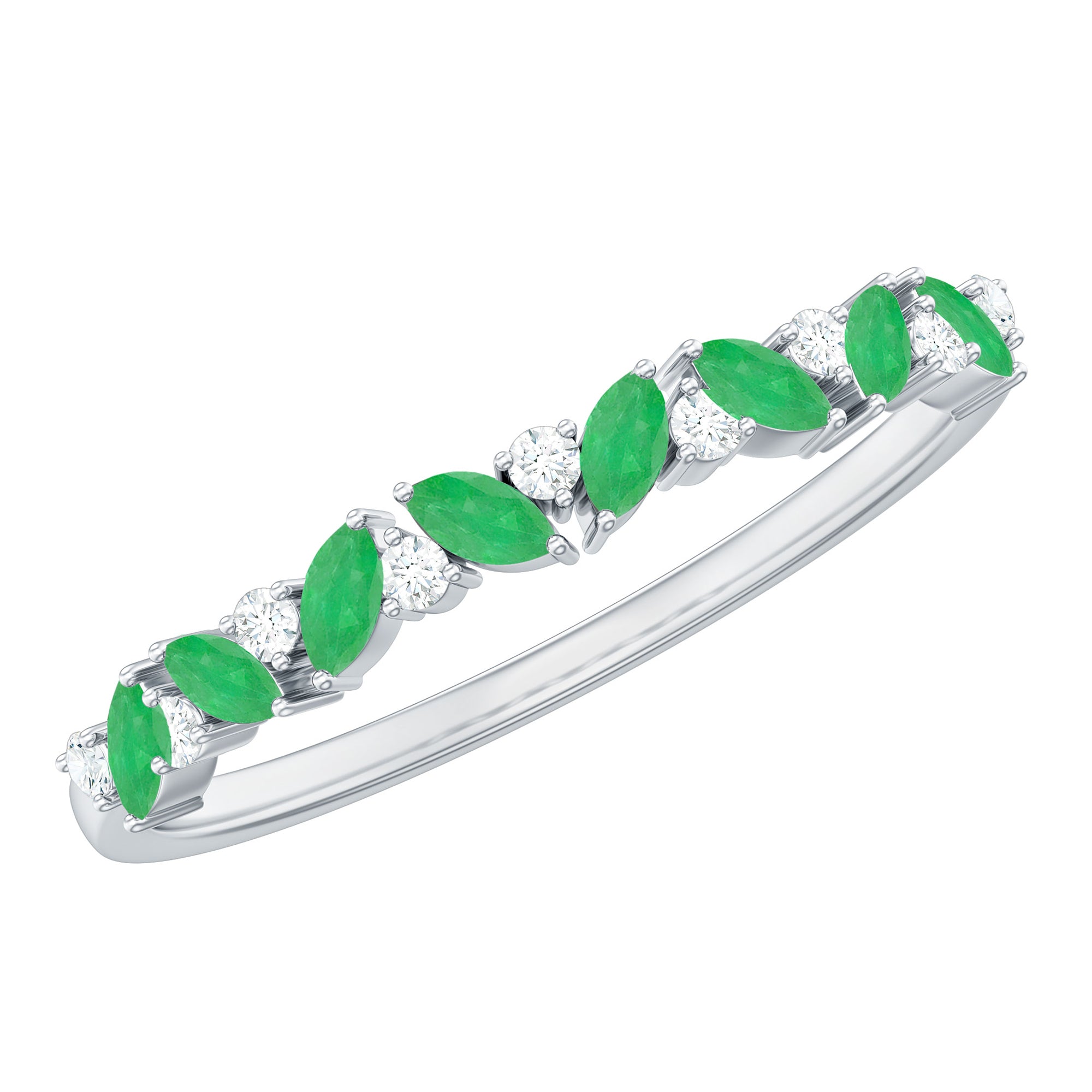 Marquise Emerald and Diamond Half Eternity Ring Emerald - ( AAA ) - Quality - Rosec Jewels