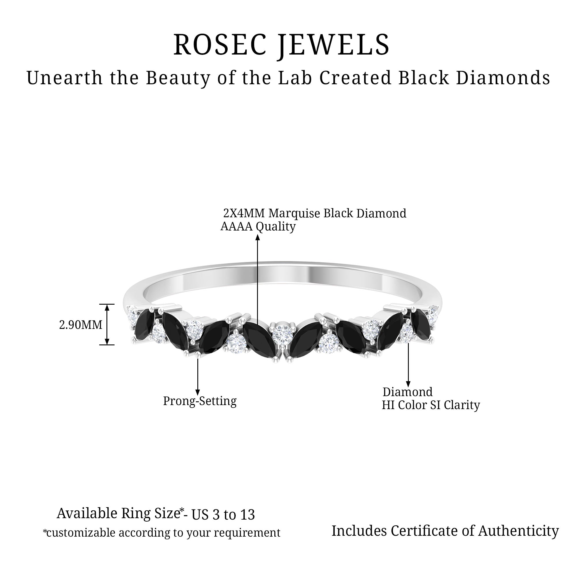 Marquise Created Black Diamond and Diamond Half Eternity Ring Lab Created Black Diamond - ( AAAA ) - Quality - Rosec Jewels