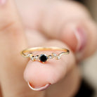 Round Black Spinel Minimal Leaf Promise Ring with Diamond in Gold Black Spinel - ( AAA ) - Quality - Rosec Jewels