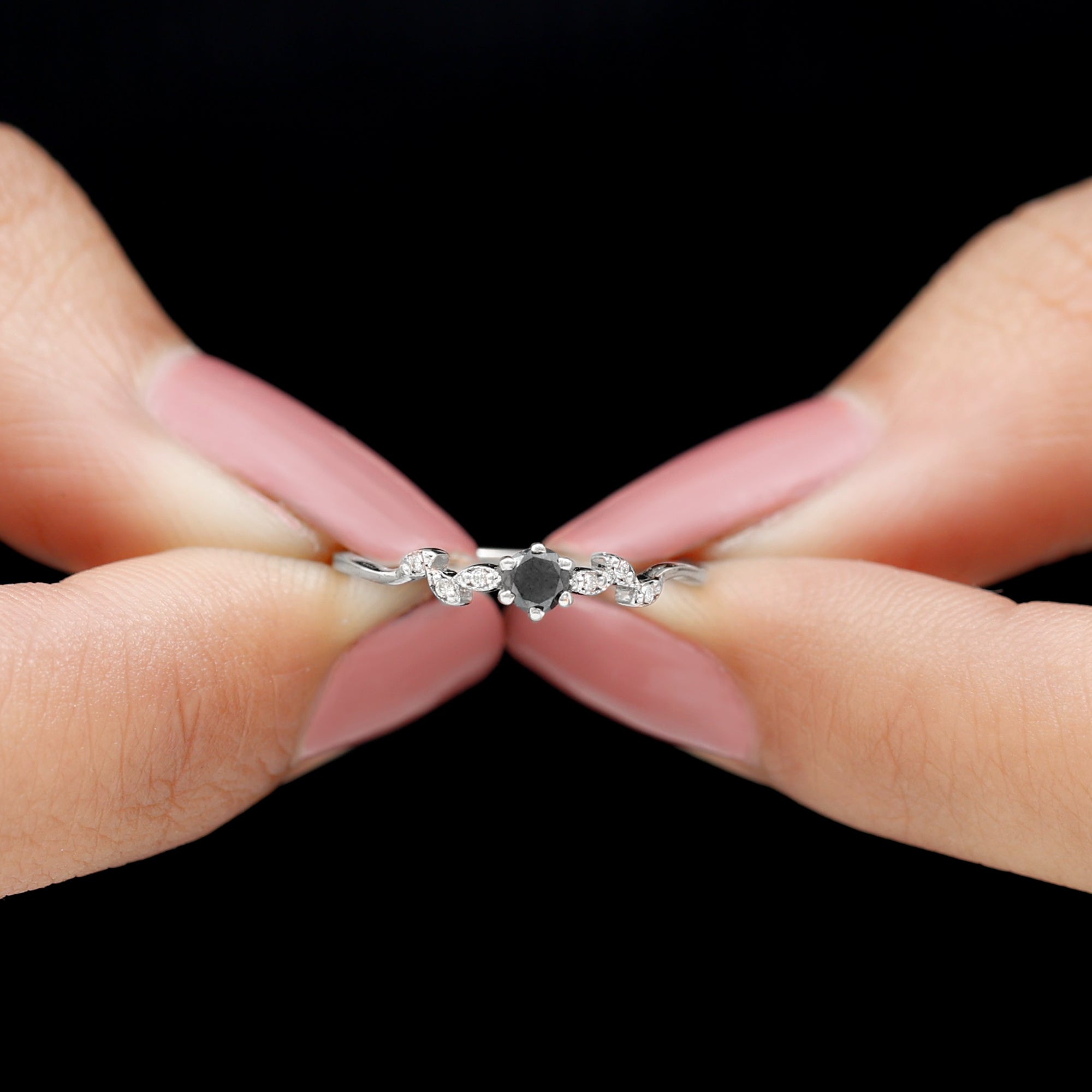 Round Black Onyx Minimal Leaf Promise Ring with Diamond in Gold Black Onyx - ( AAA ) - Quality - Rosec Jewels