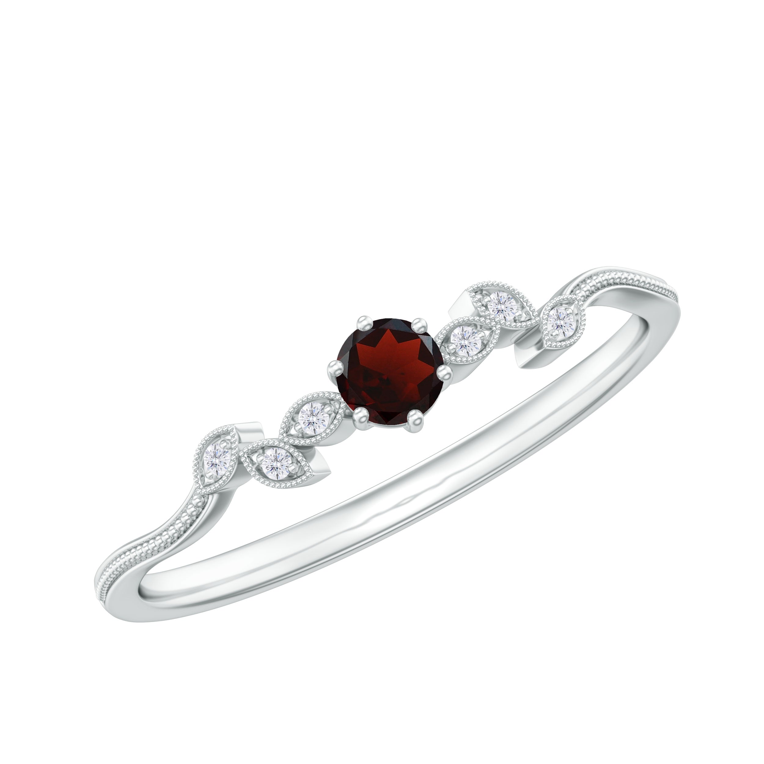 Garnet and Diamond Leaf Branch Promise Ring Garnet - ( AAA ) - Quality - Rosec Jewels