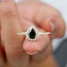 Genuine Black Onyx Teardrop Engagement Ring with Diamond Black Onyx - ( AAA ) - Quality - Rosec Jewels