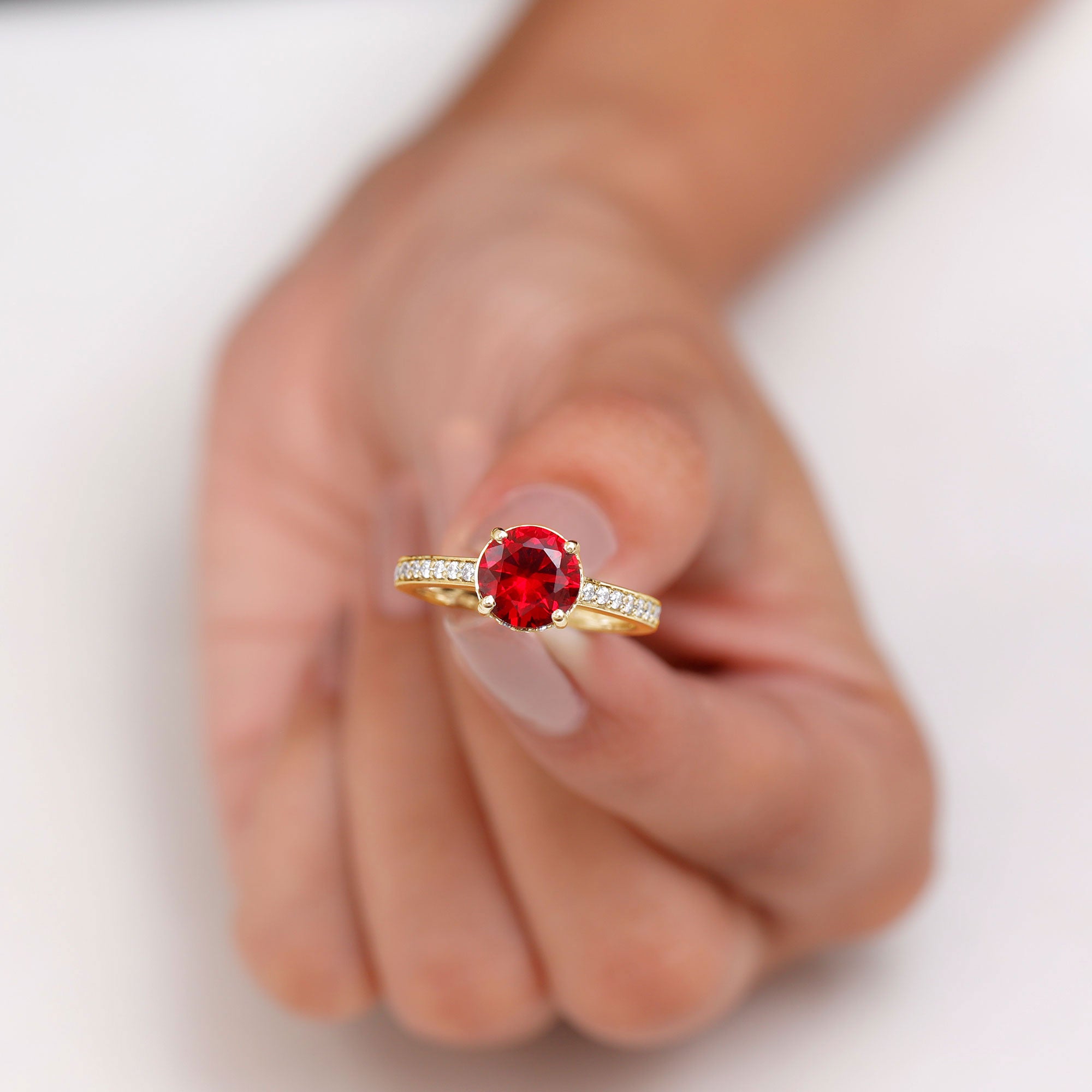 Lab Grown Ruby Simple Solitaire Engagement Ring with Diamond Lab Created Ruby - ( AAAA ) - Quality - Rosec Jewels