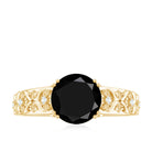 Round Black Onyx Floral Engagement Ring with Diamond Black Onyx - ( AAA ) - Quality - Rosec Jewels