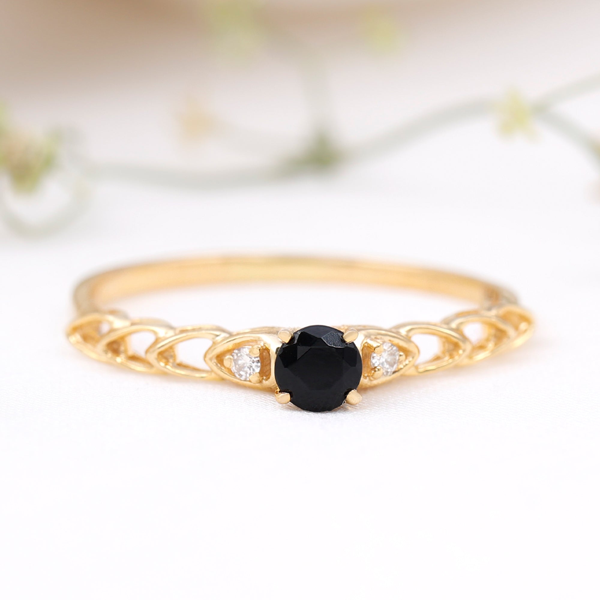 0.50 CT Black Spinel Solitaire Ring with Diamond and Cutout Details Black Spinel - ( AAA ) - Quality - Rosec Jewels