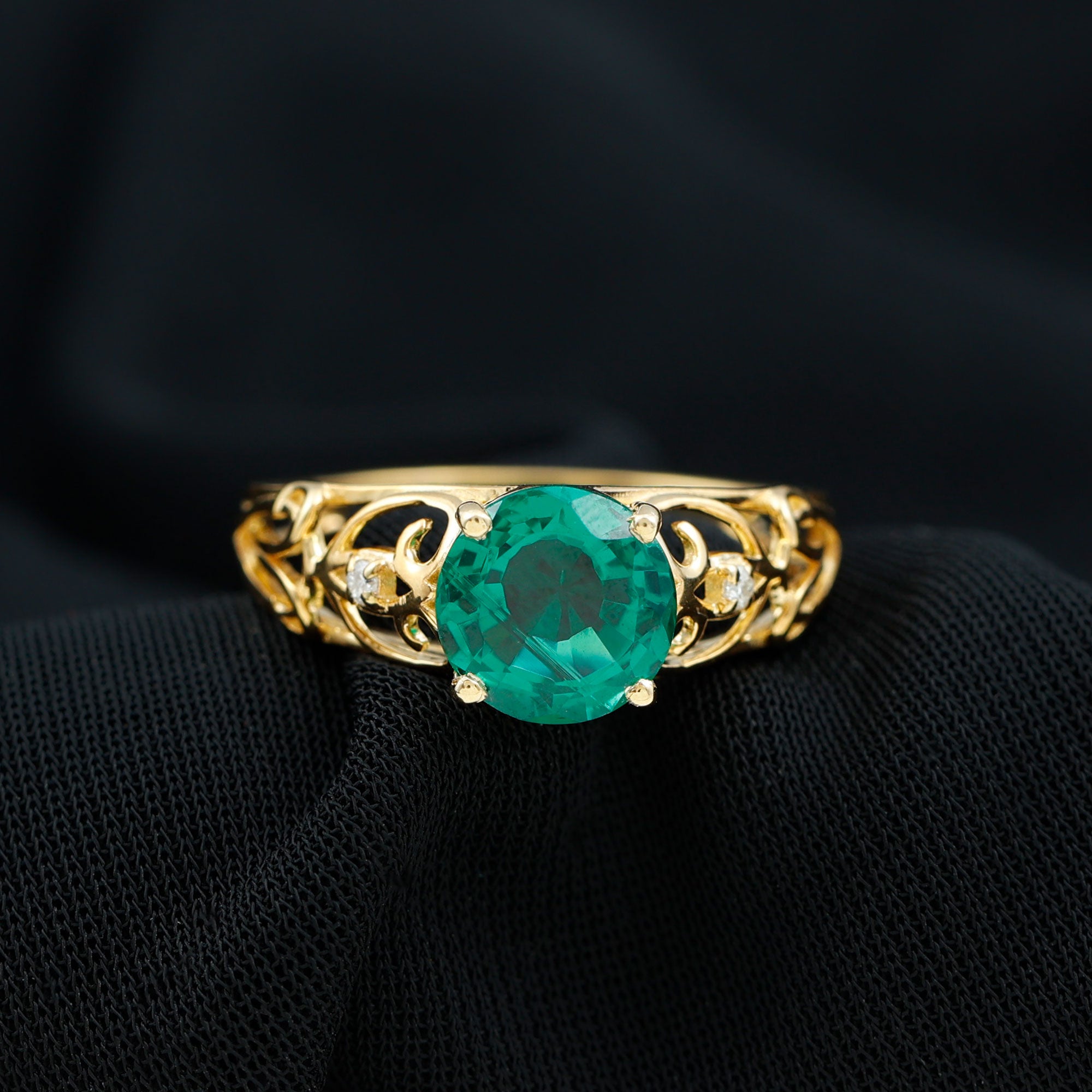 Antique Style Lab Grown Emerald and Diamond Solitaire Ring Lab Created Emerald - ( AAAA ) - Quality - Rosec Jewels