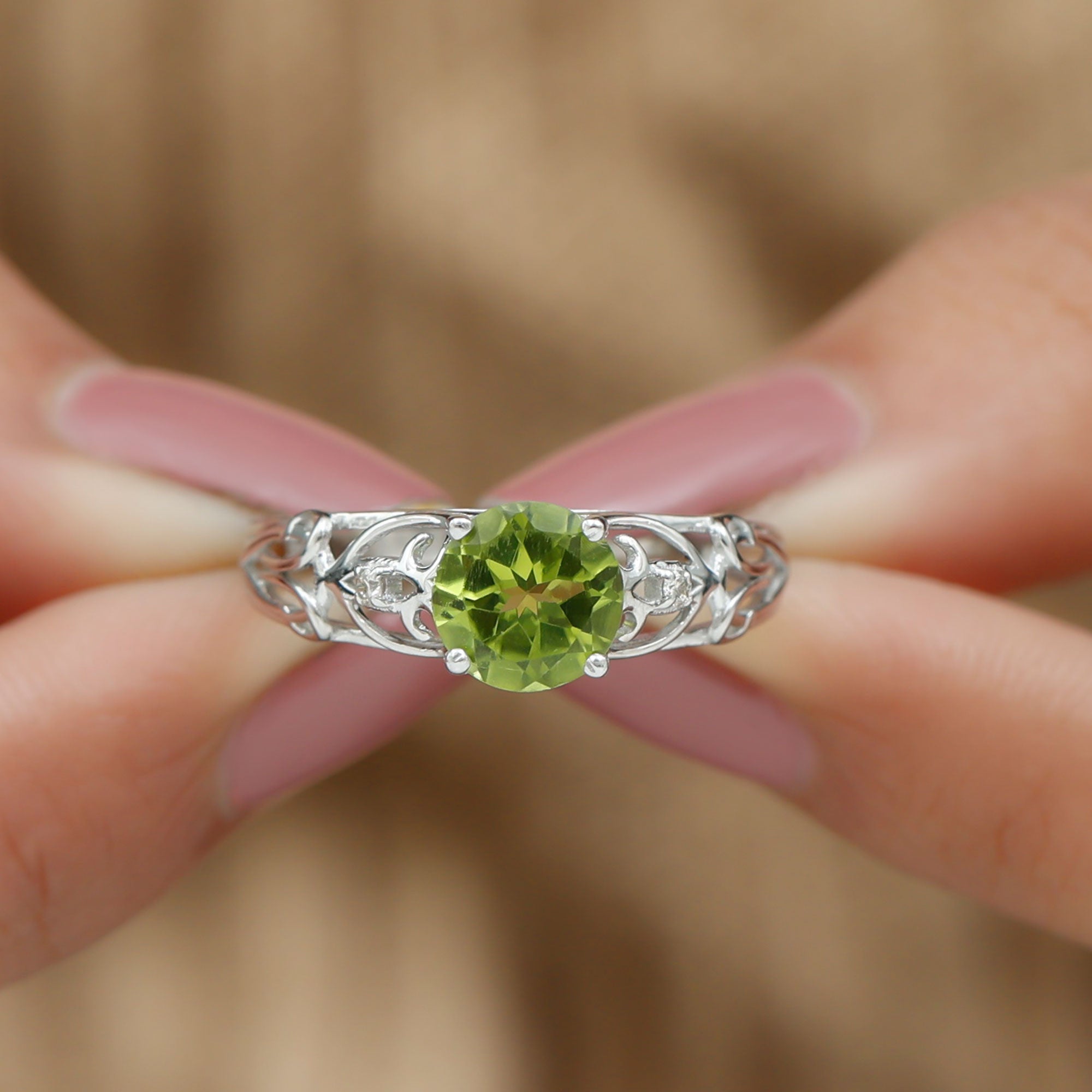 1.25 CT Antique Peridot Solitaire Ring with Diamond Accent Peridot - ( AAA ) - Quality - Rosec Jewels