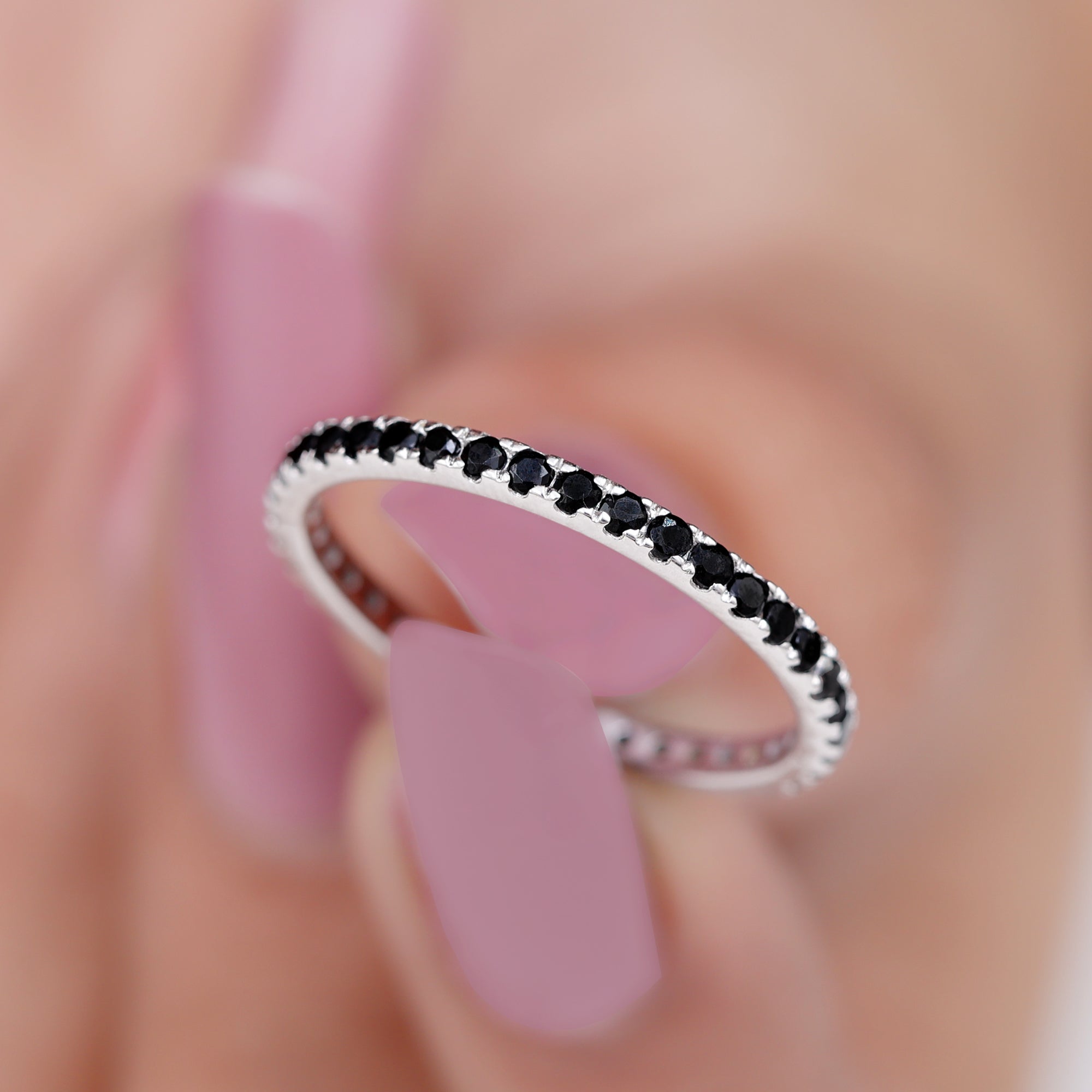 French Pave Set Black Spinel Stackable Full Eternity Ring Black Spinel - ( AAA ) - Quality - Rosec Jewels