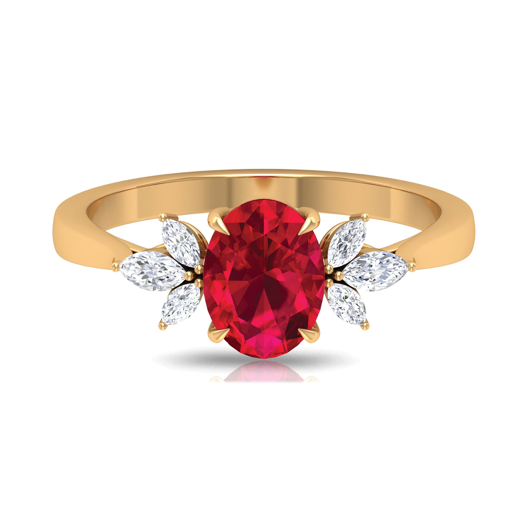 Claw Set Oval Created Ruby Solitaire Ring with Marquise Diamond Trio Lab Created Ruby - ( AAAA ) - Quality - Rosec Jewels