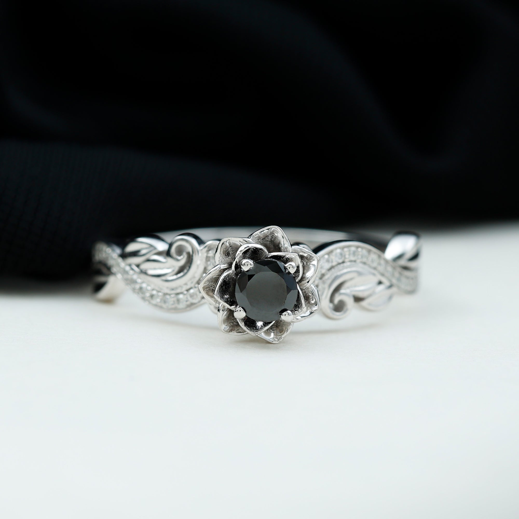 Rosec Jewels-Flower Inspired Black Onyx and Diamond Engagement Ring