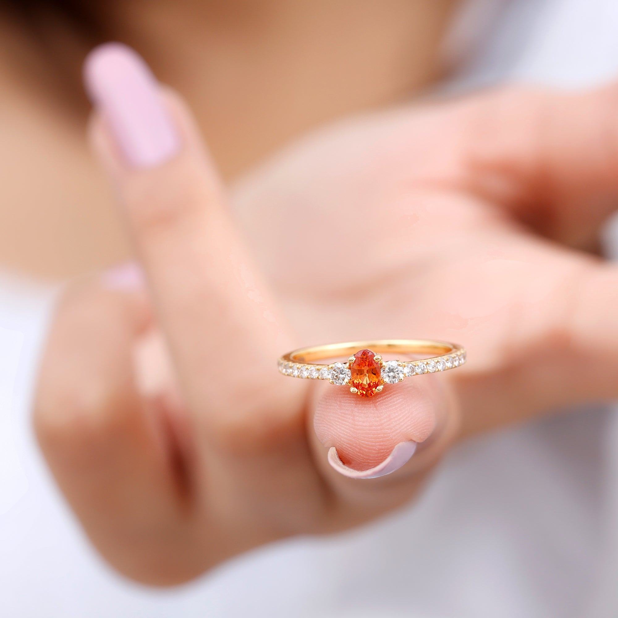 Oval Shape Orange Sapphire Promise Ring with Diamond Side Stone Orange Sapphire - ( AAA ) - Quality - Rosec Jewels