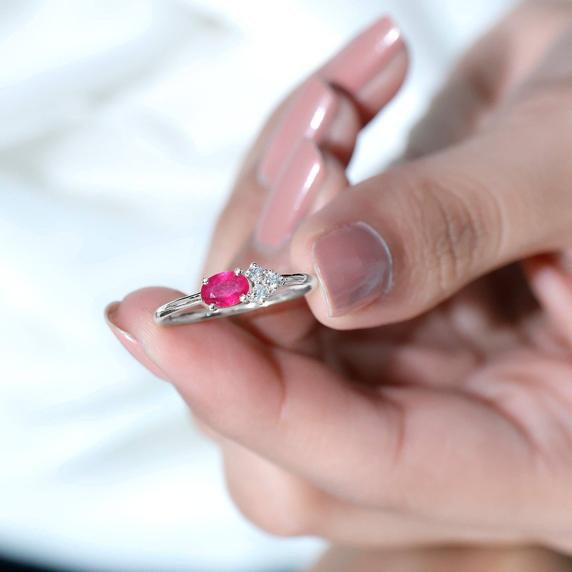 Oval Cut Ruby Promise Ring with Diamond Trio Ruby - ( AAA ) - Quality - Rosec Jewels