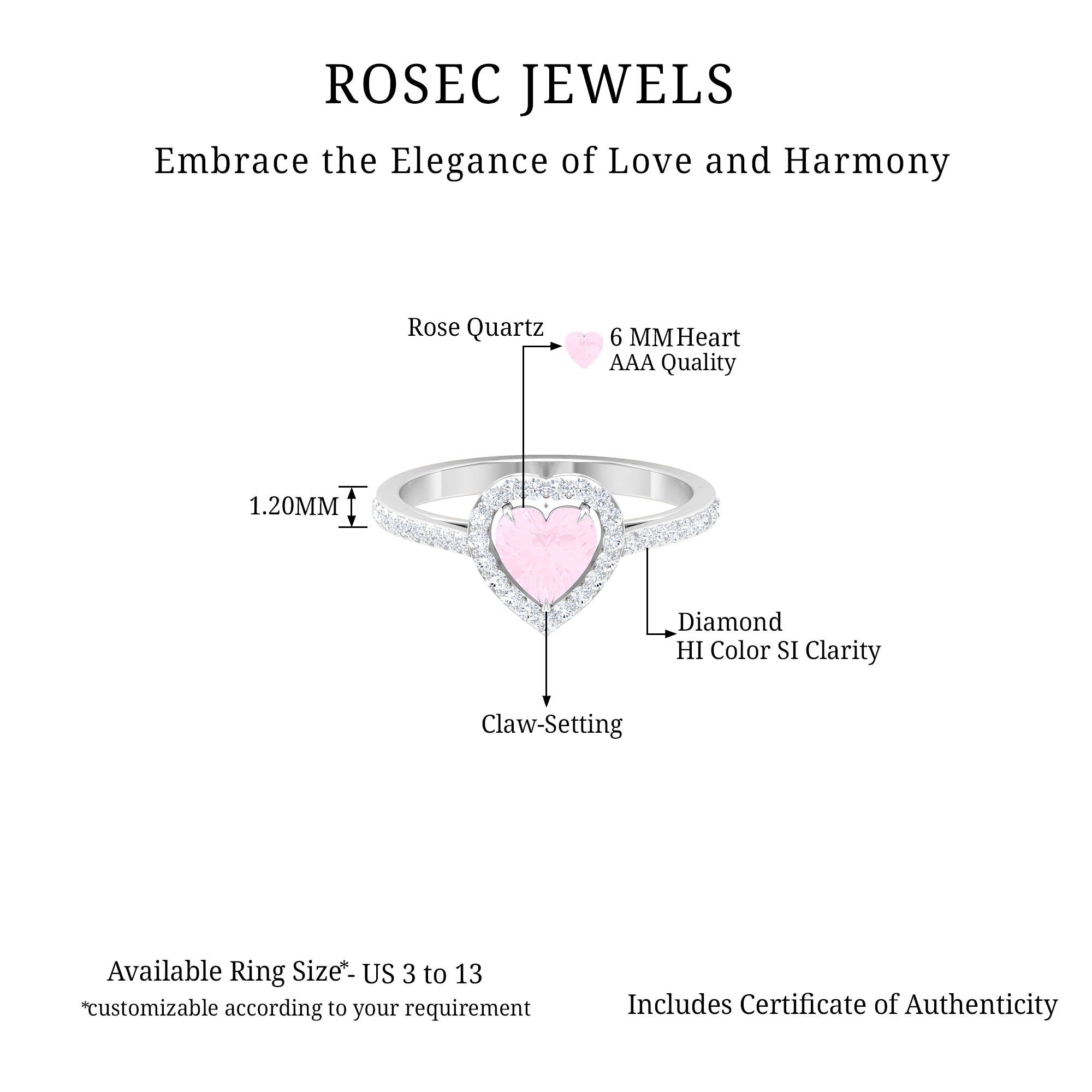 1.50 CT Heart Shape Rose Quartz Engagement Ring with Diamond Accent Rose Quartz - ( AAA ) - Quality - Rosec Jewels