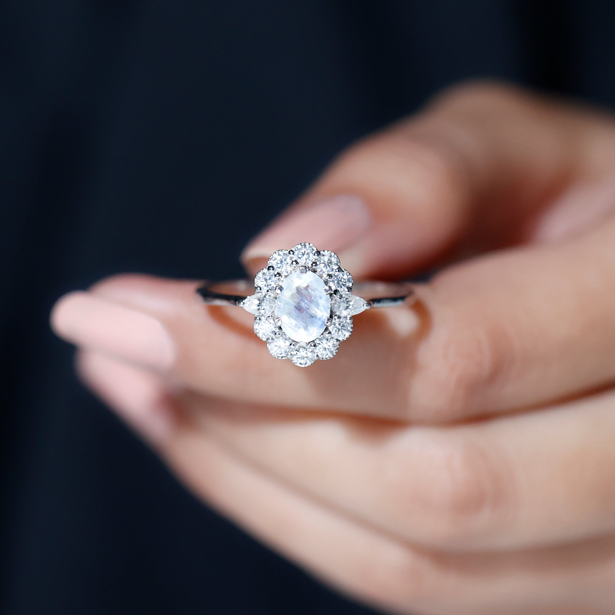 Natural Moonstone Statement Ring With Moissanite Halo Moonstone - ( AAA ) - Quality - Rosec Jewels