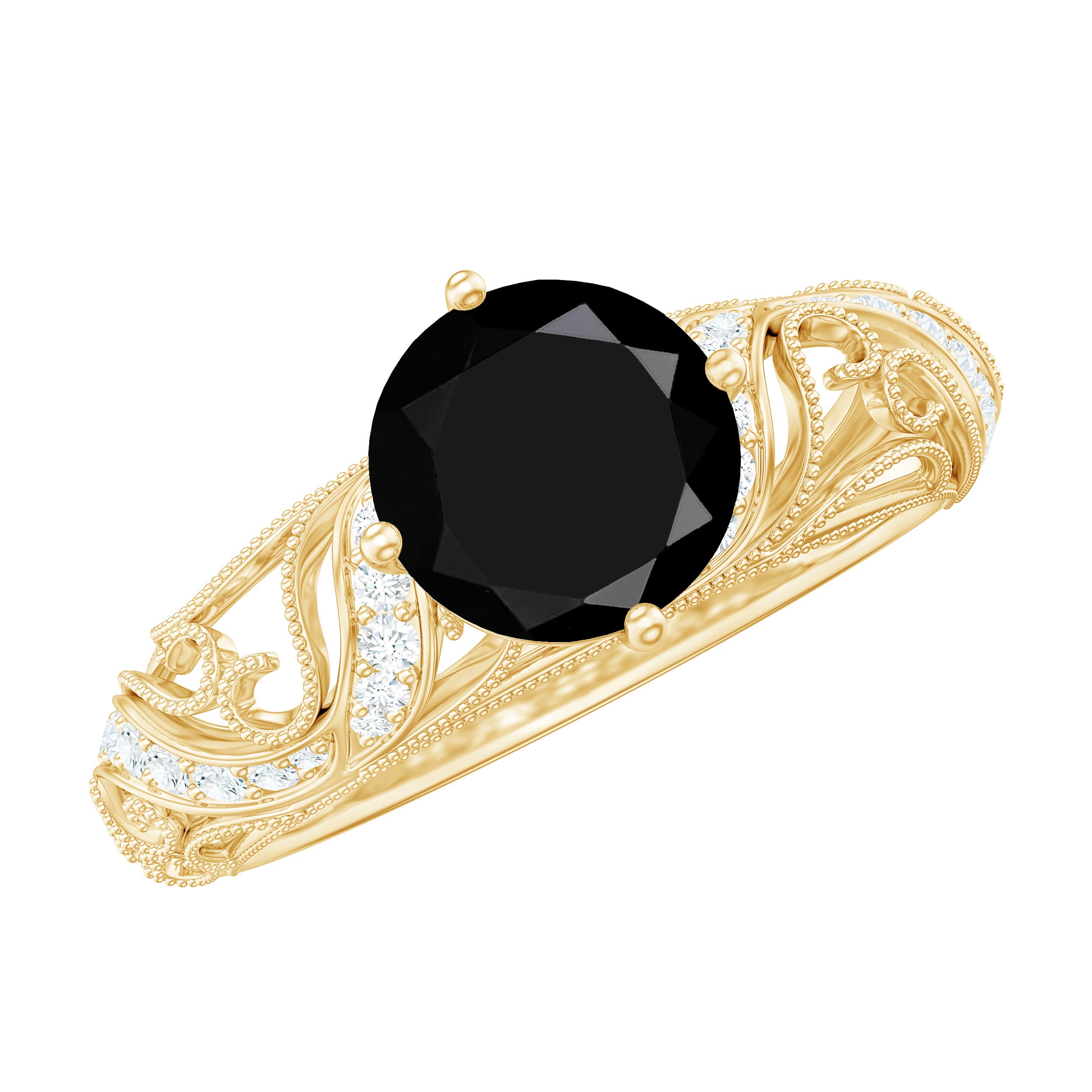 Round Created Black Diamond Vintage Inspired Engagement Ring with Diamond Lab Created Black Diamond - ( AAAA ) - Quality - Rosec Jewels