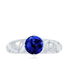 Solitaire Created Blue Sapphire Vintage Inspired Engagement Ring with Diamond Lab Created Blue Sapphire - ( AAAA ) - Quality - Rosec Jewels