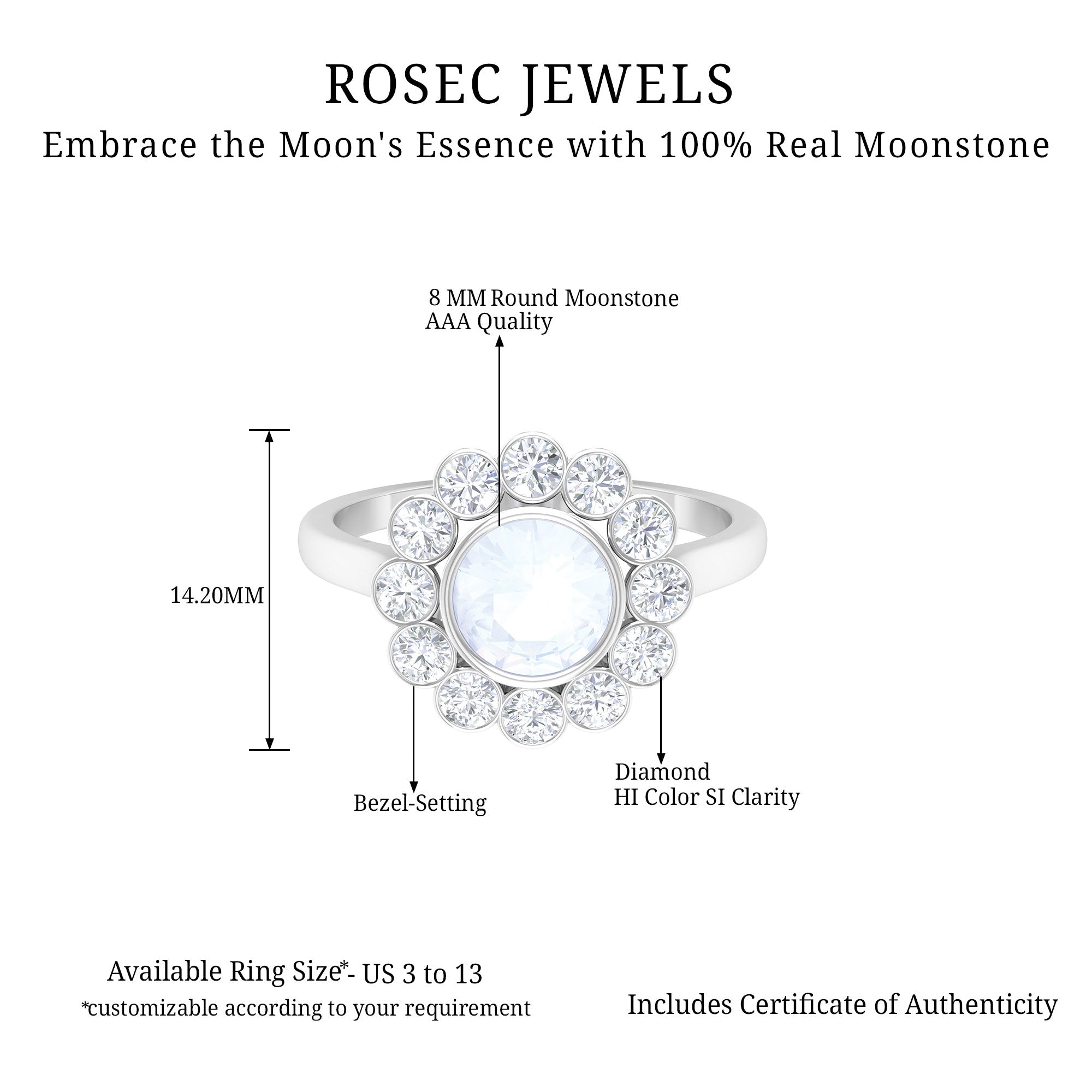 1.75 CT Round Moonstone and Diamond Statement Halo Ring in Bezel Setting Moonstone - ( AAA ) - Quality - Rosec Jewels