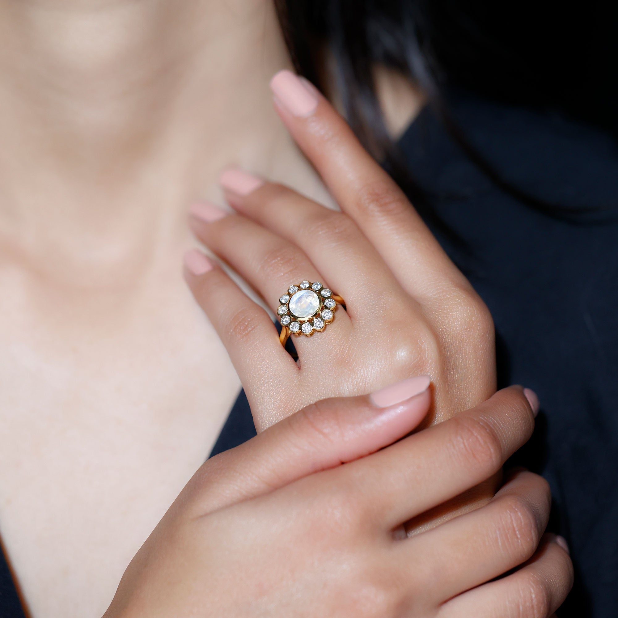 1.75 CT Round Moonstone and Diamond Statement Halo Ring in Bezel Setting Moonstone - ( AAA ) - Quality - Rosec Jewels