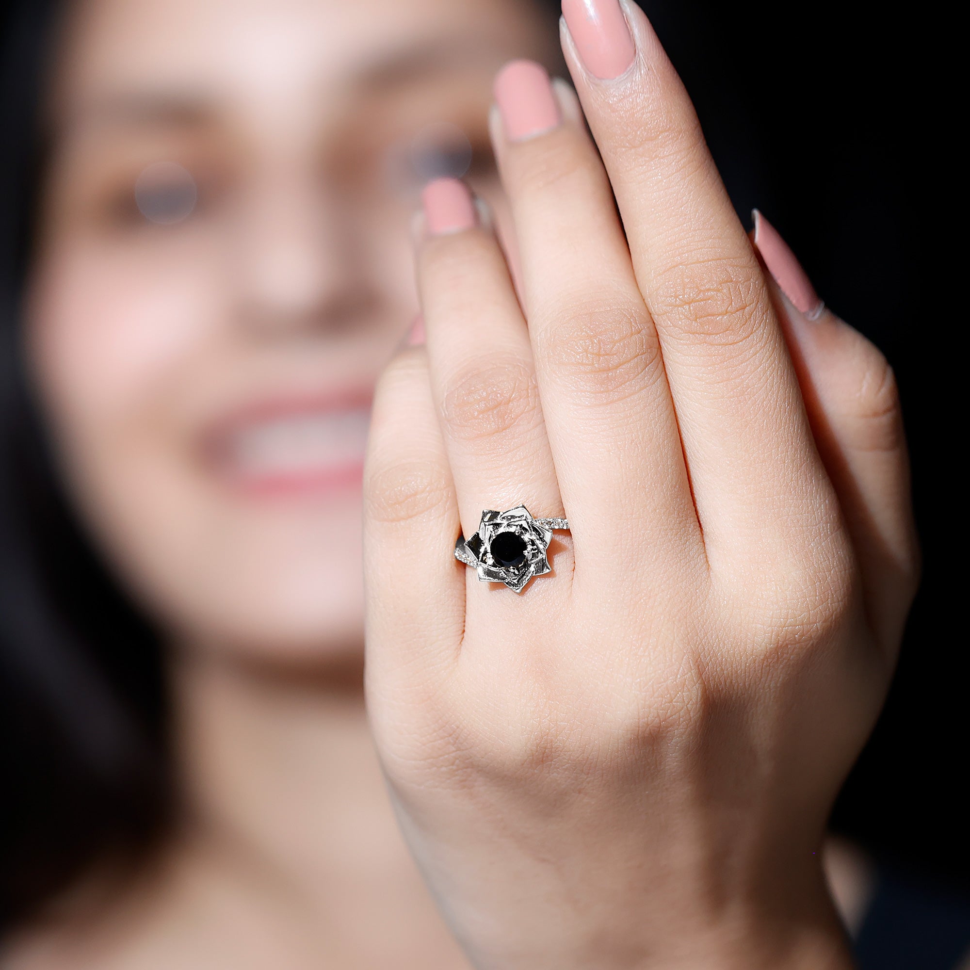 Black Onyx and Diamond Flower Engagement Ring with Bypass Shank Black Onyx - ( AAA ) - Quality - Rosec Jewels