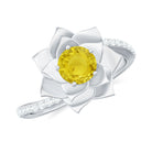 Round Yellow Sapphire Flower Bypass Ring with Diamond Yellow Sapphire - ( AAA ) - Quality - Rosec Jewels