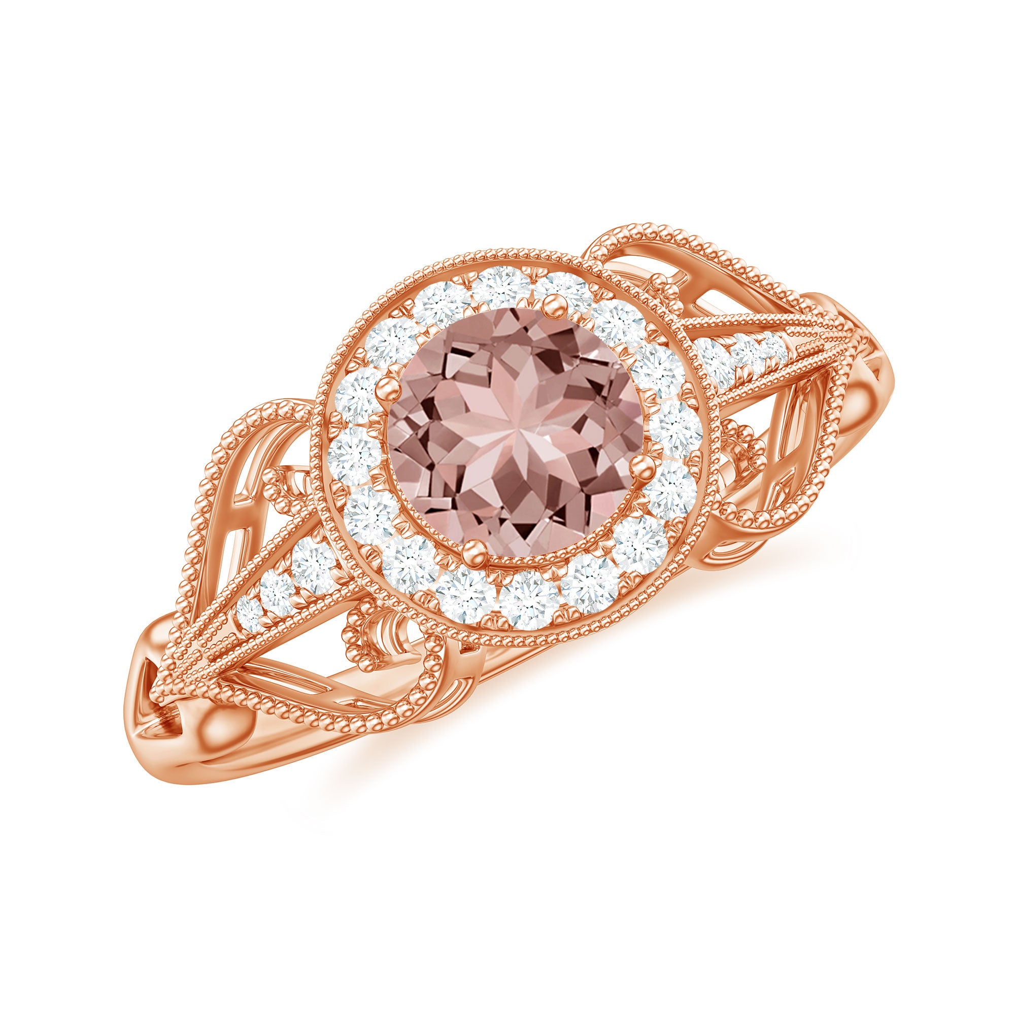 Certified Vintage Style Morganite Engagement Ring with Diamond Morganite - ( AAA ) - Quality - Rosec Jewels