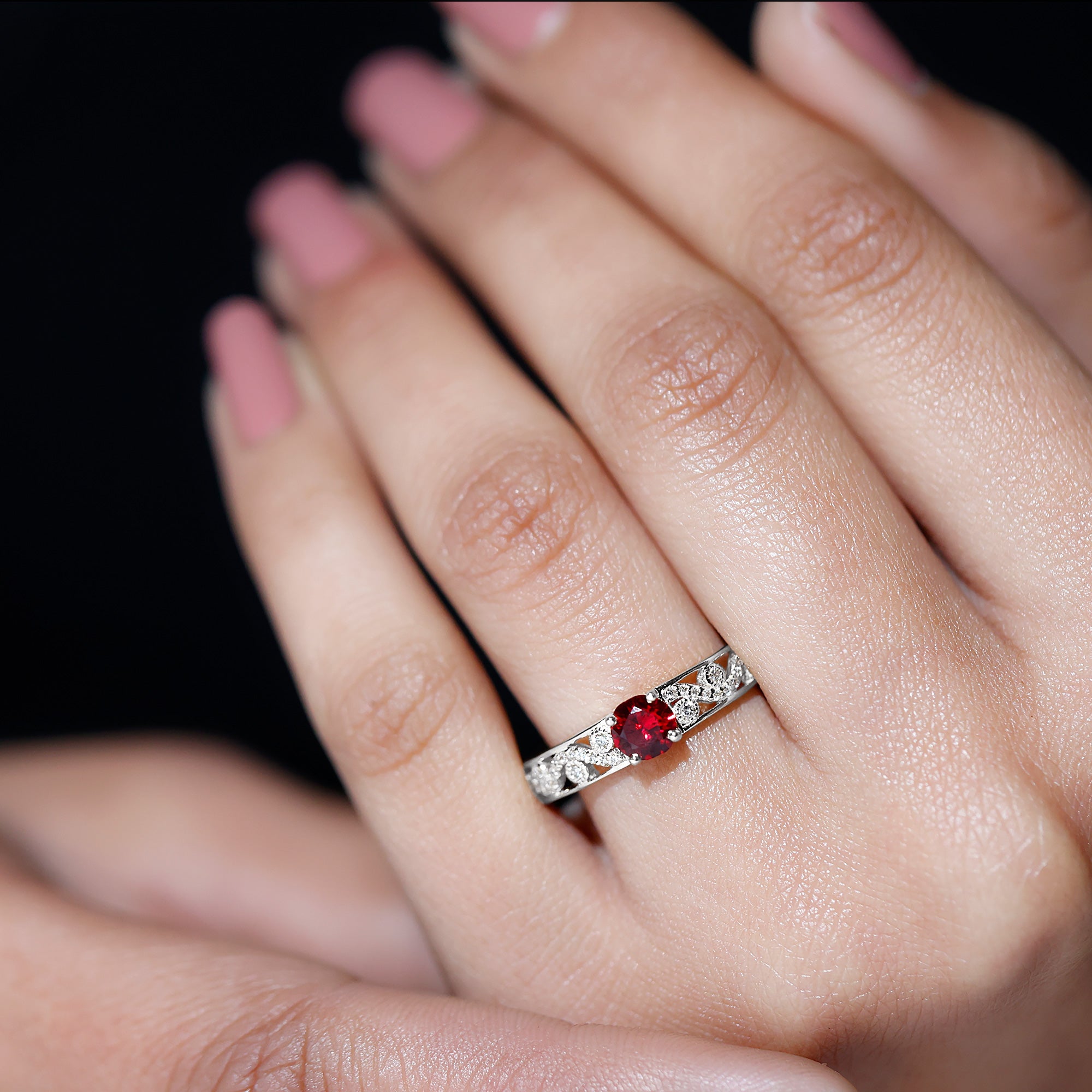 Designer Solitaire Engagement Ring with Lab Grown Ruby and Diamond Lab Created Ruby - ( AAAA ) - Quality - Rosec Jewels