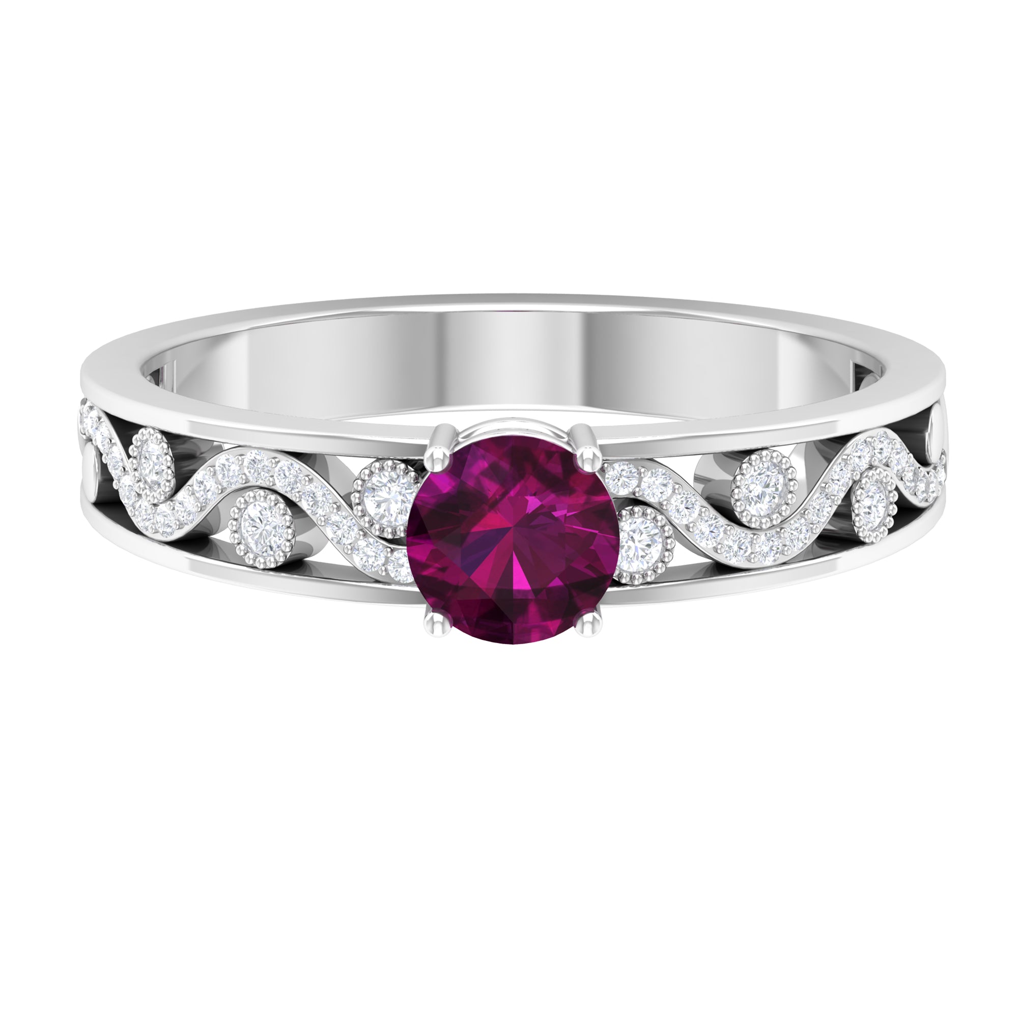 Designer Solitaire Engagement Ring with Rhodolite and Diamond Rhodolite - ( AAA ) - Quality - Rosec Jewels