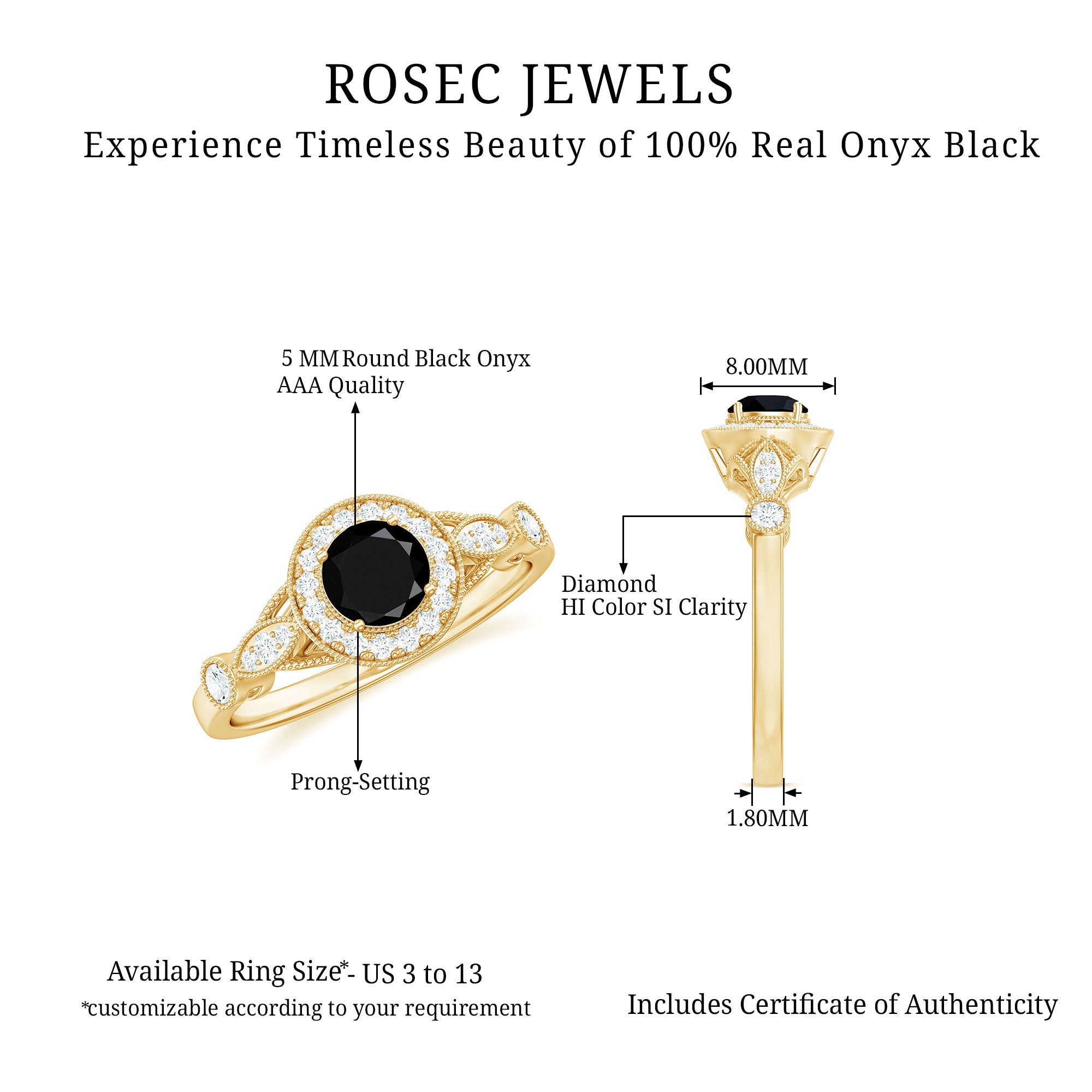 Black Onyx and Diamond Antique Style Engagement Ring in Gold Black Onyx - ( AAA ) - Quality - Rosec Jewels