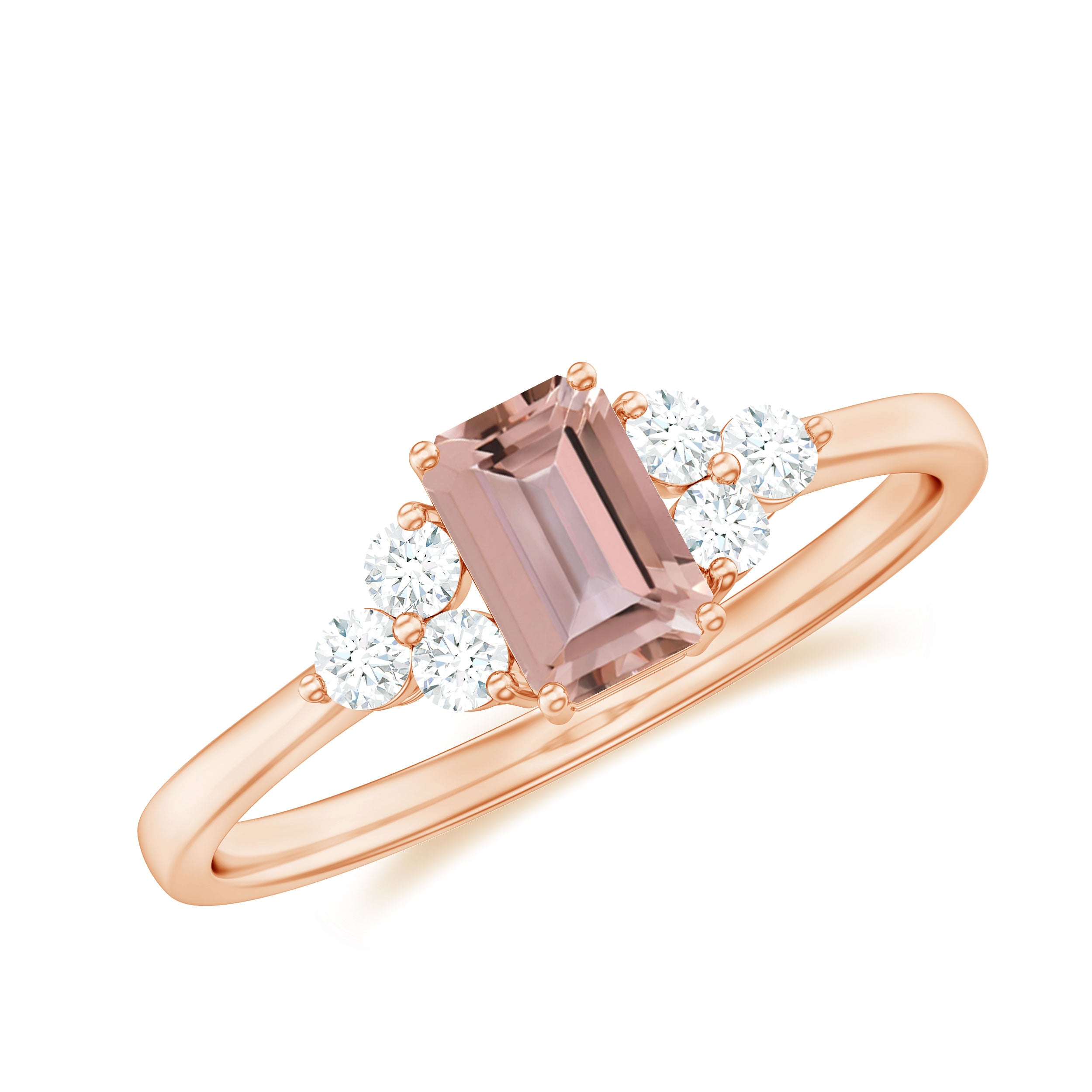 1 CT Emerald Cut Morganite Solitaire Ring with Diamond Trio Morganite - ( AAA ) - Quality - Rosec Jewels