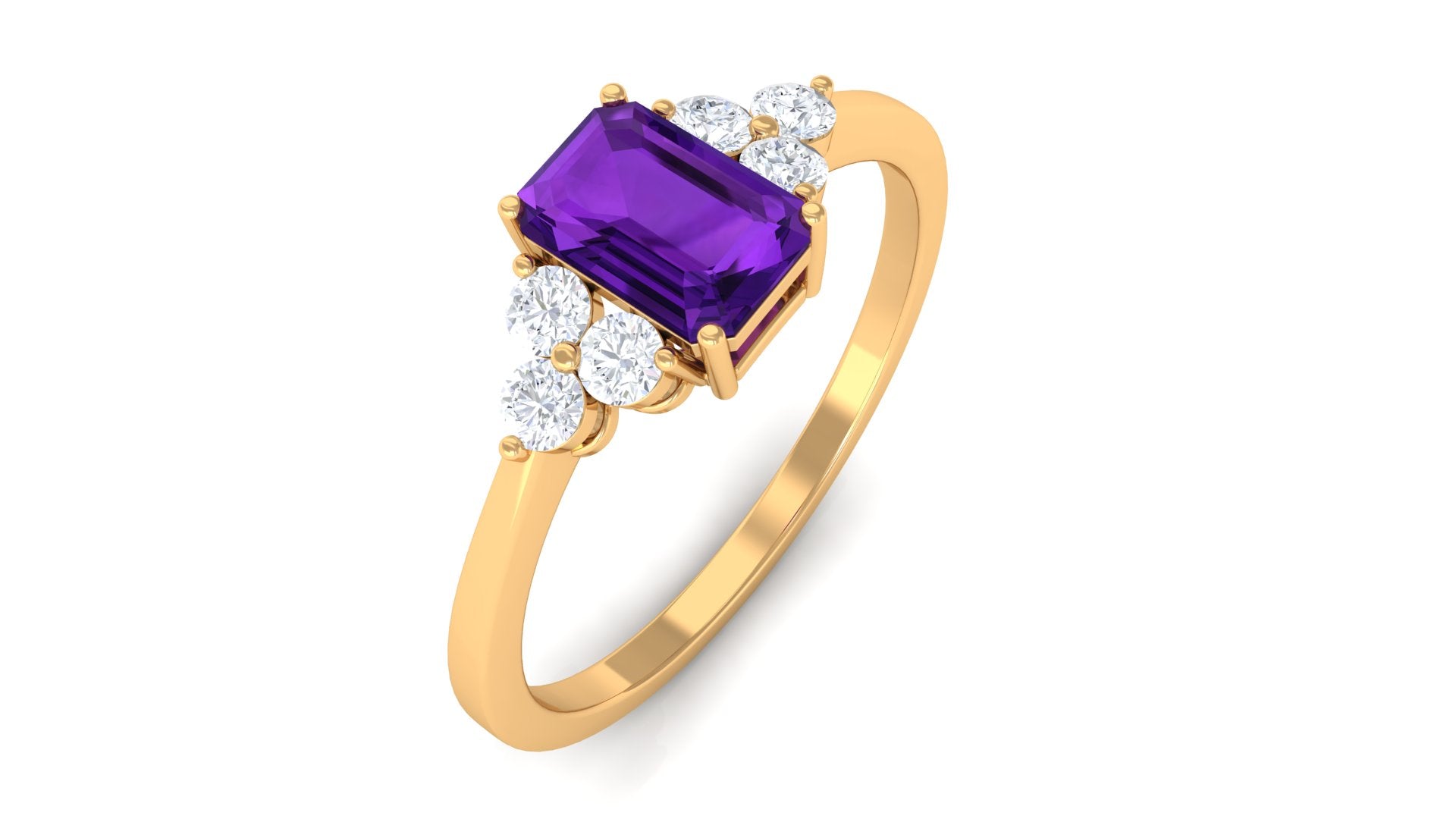 Octagon Cut Amethyst Solitaire Ring with Diamond Trio Amethyst - ( AAA ) - Quality - Rosec Jewels